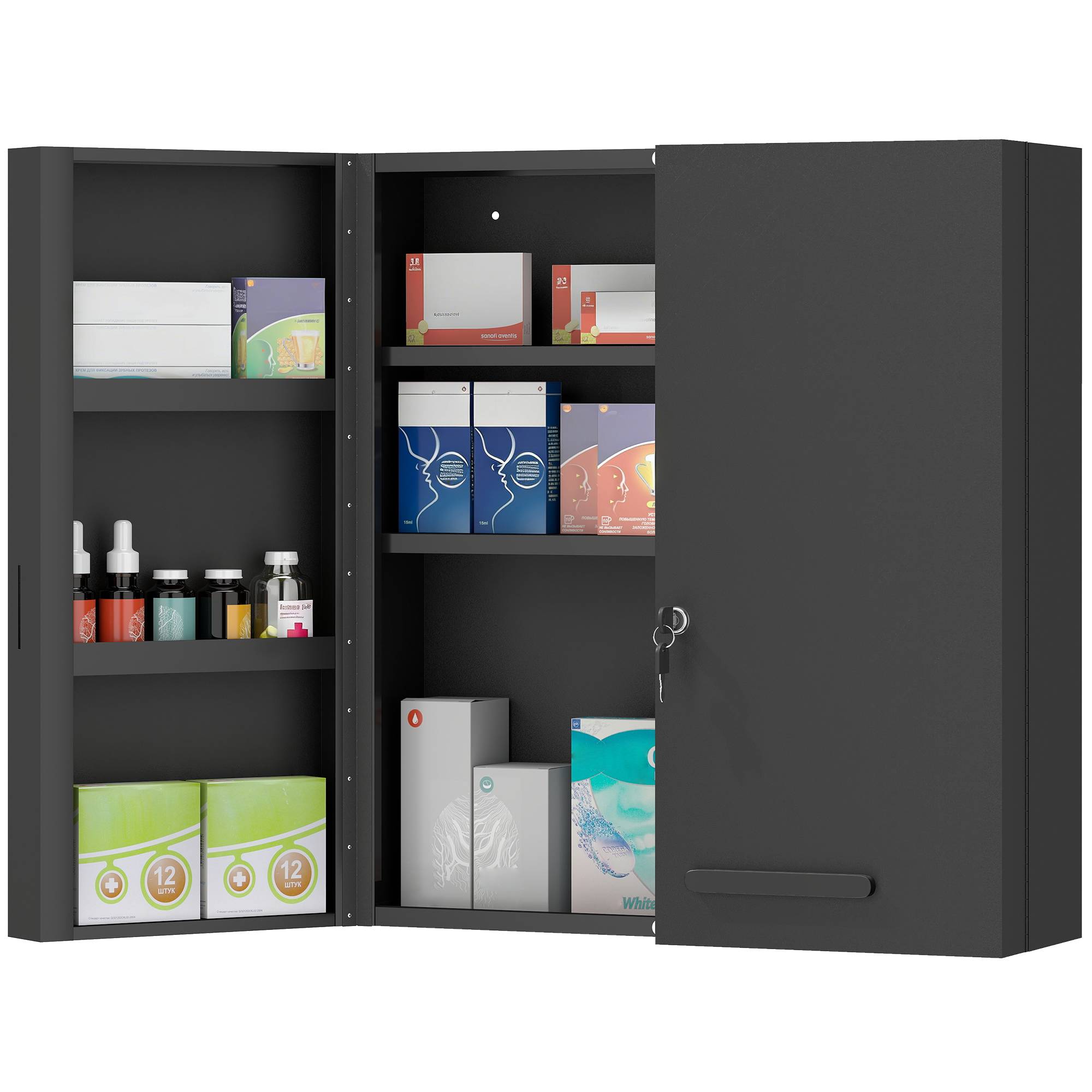 Sans Marque - Armoire à pharmacie verrouillable à 2 portes et 6 étagères, noire - Image 1