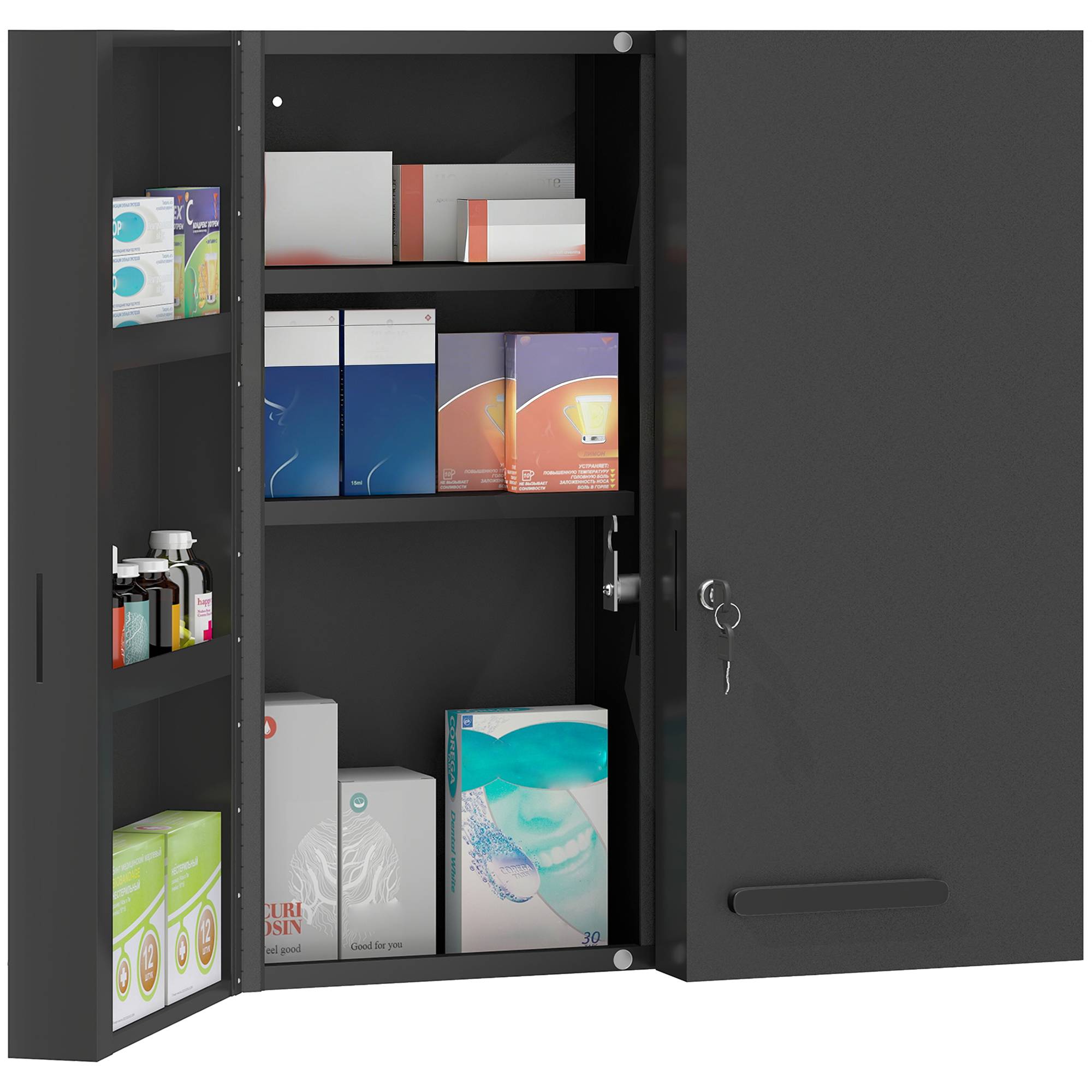 Sans Marque - Armoire à pharmacie verrouillable à 2 portes et 6 étagères, noire - Image 2
