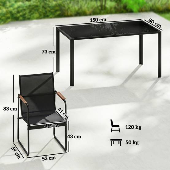 Ensemble repas de jardin acier et verre noir 150 x 80 x 73 cm - PANGIVO - Image 5
