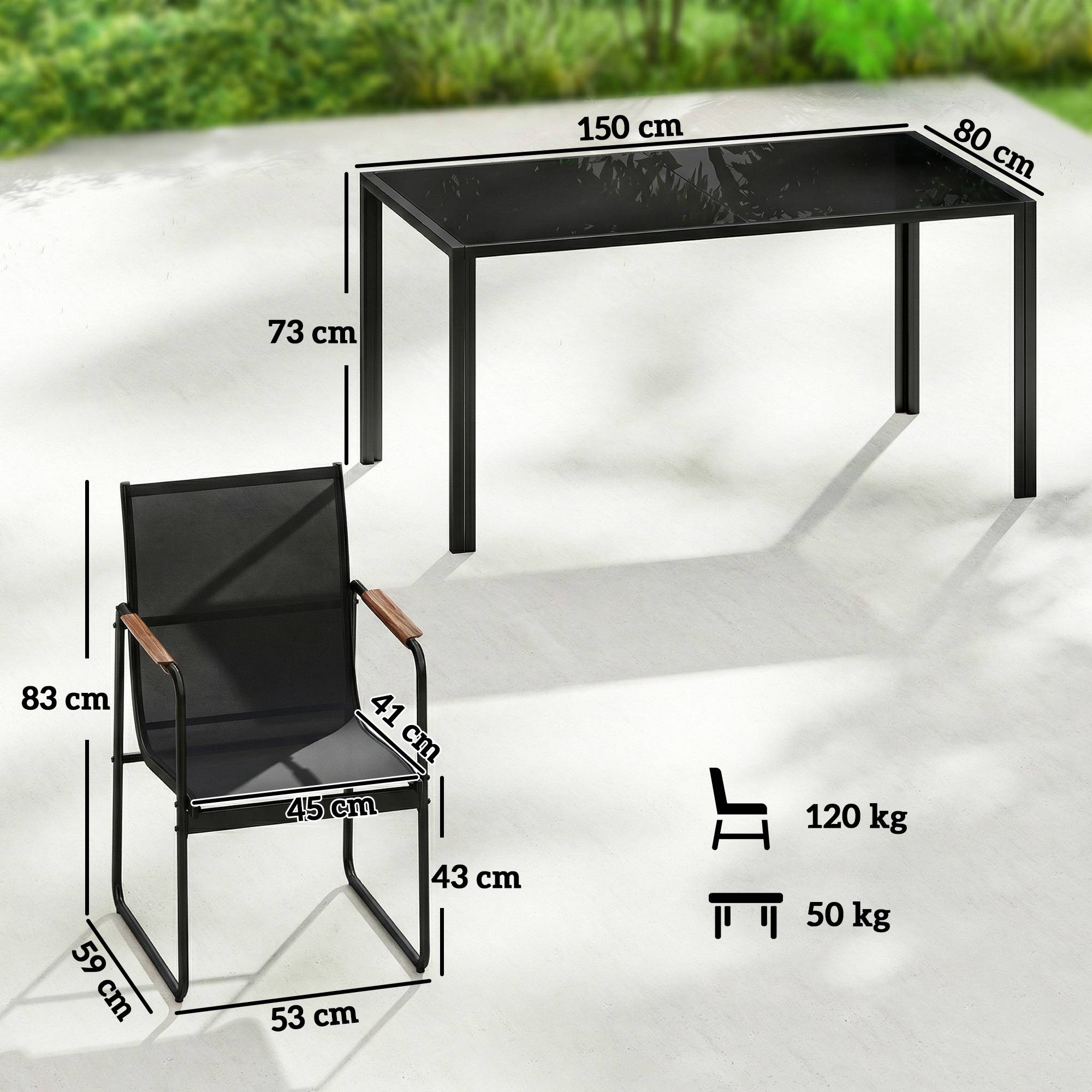 Ensemble repas de jardin acier et verre noir 150 x 80 x 73 cm - PANGIVO - Image 5