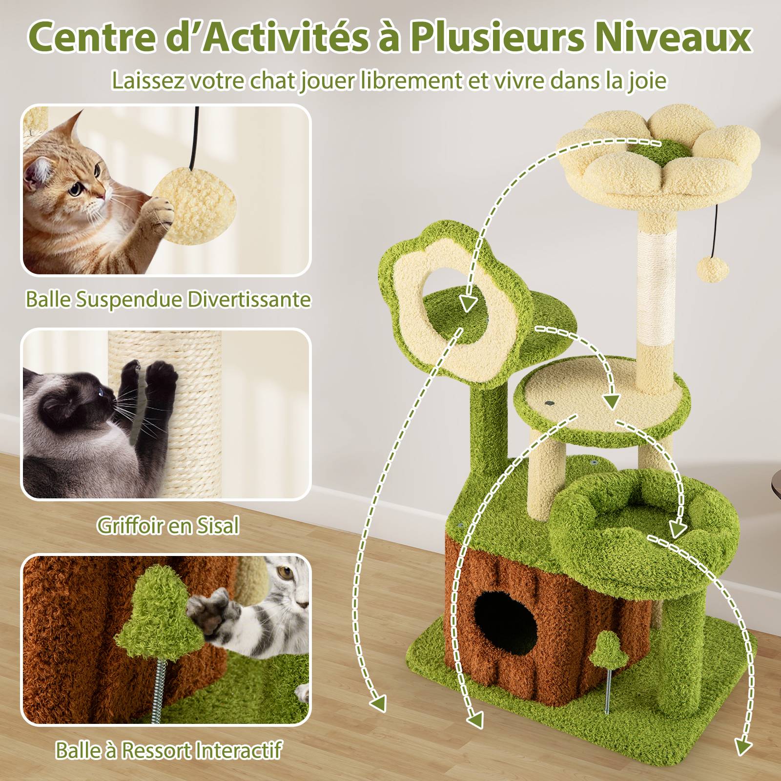 Arbre à Chat 100 cm, Arbre a Chat Cactus, Condo, Poteaux à Griffer en Sisal, 5 Plateformes, Tour pour Chaton en Peluche, 55 x 40 x 100 cm - Image 5