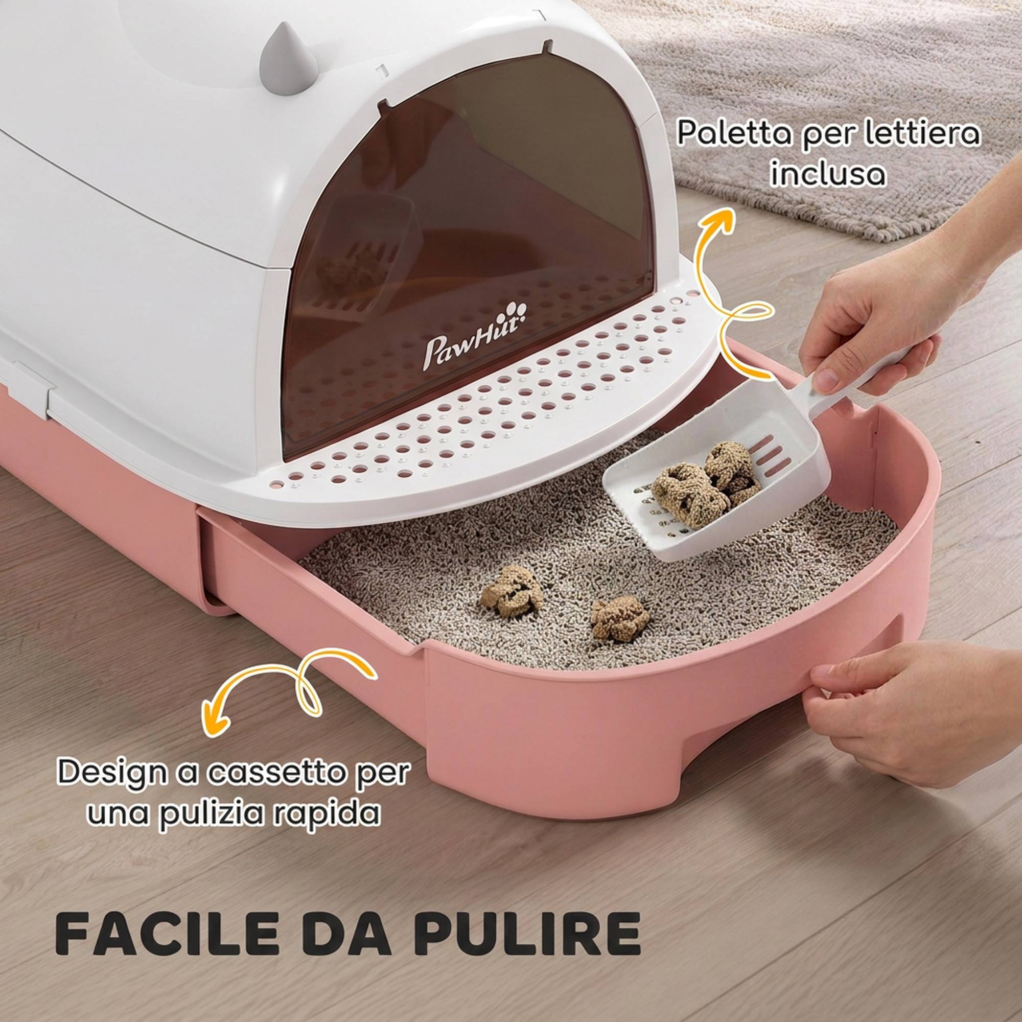 Litière fermée avec bac amovible, pelle et filtre charbon actif, rose - Image 7