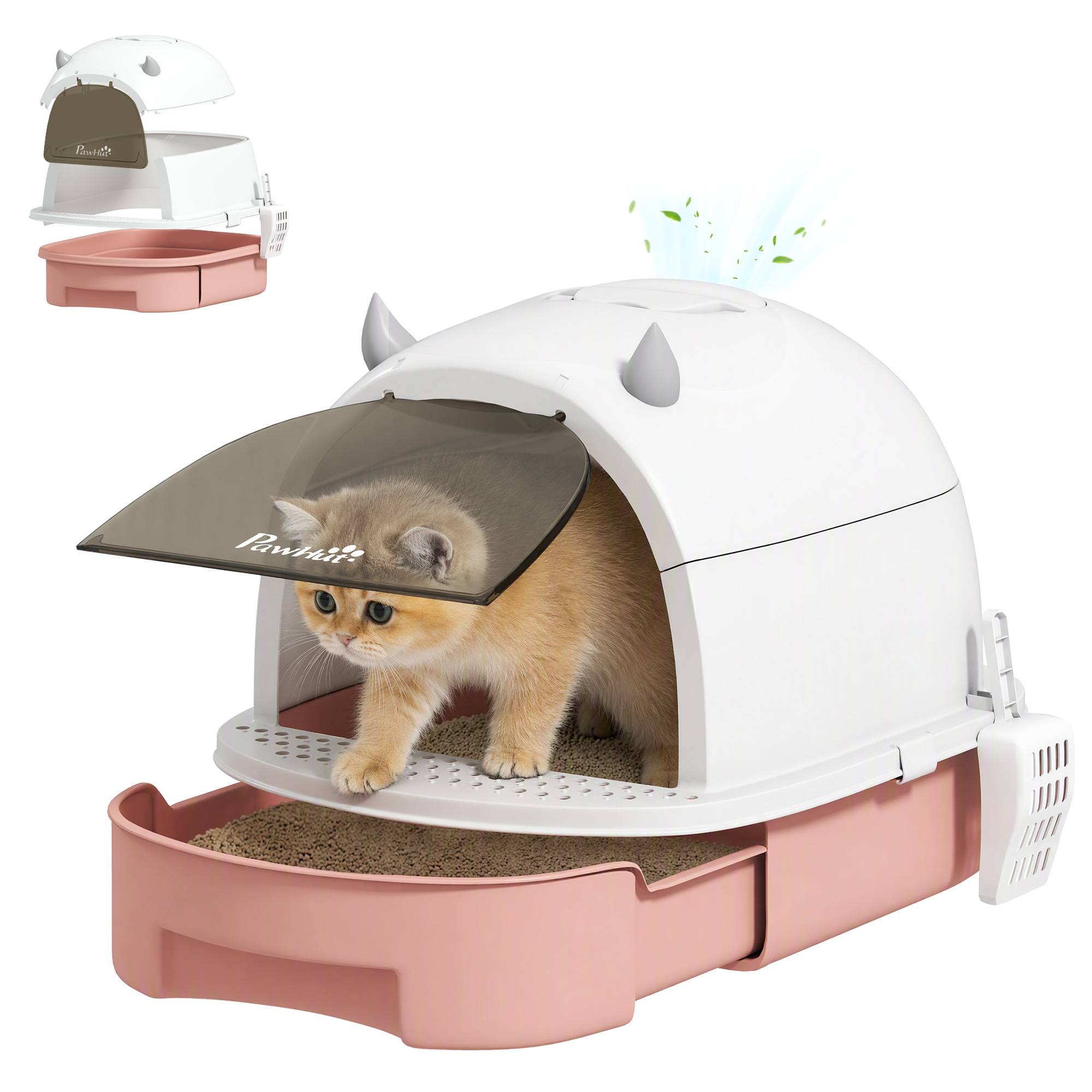 Litière fermée avec bac amovible, pelle et filtre charbon actif, rose - Image 1