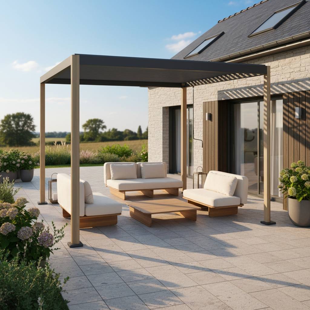 Pergola bioclimatique effet bois aluminium et acier lames orientables 3x3m - Imperial | sweeek - Image 1