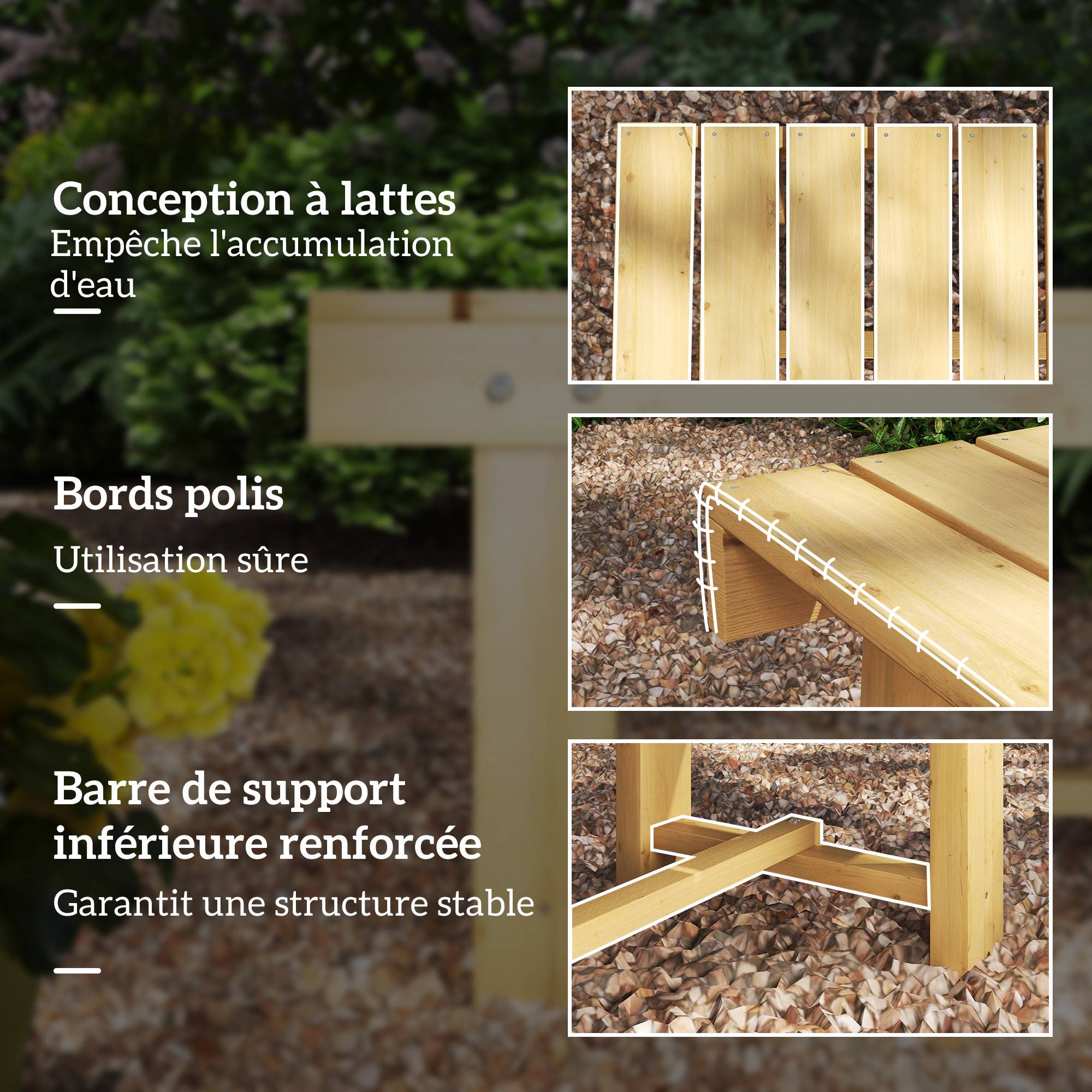 Banc de Jardin 2 Places Style Rural Chic Assise à Lattes dim. 110L x 38l x 35H cm Bois de Sapin pré-huilé - Image 8