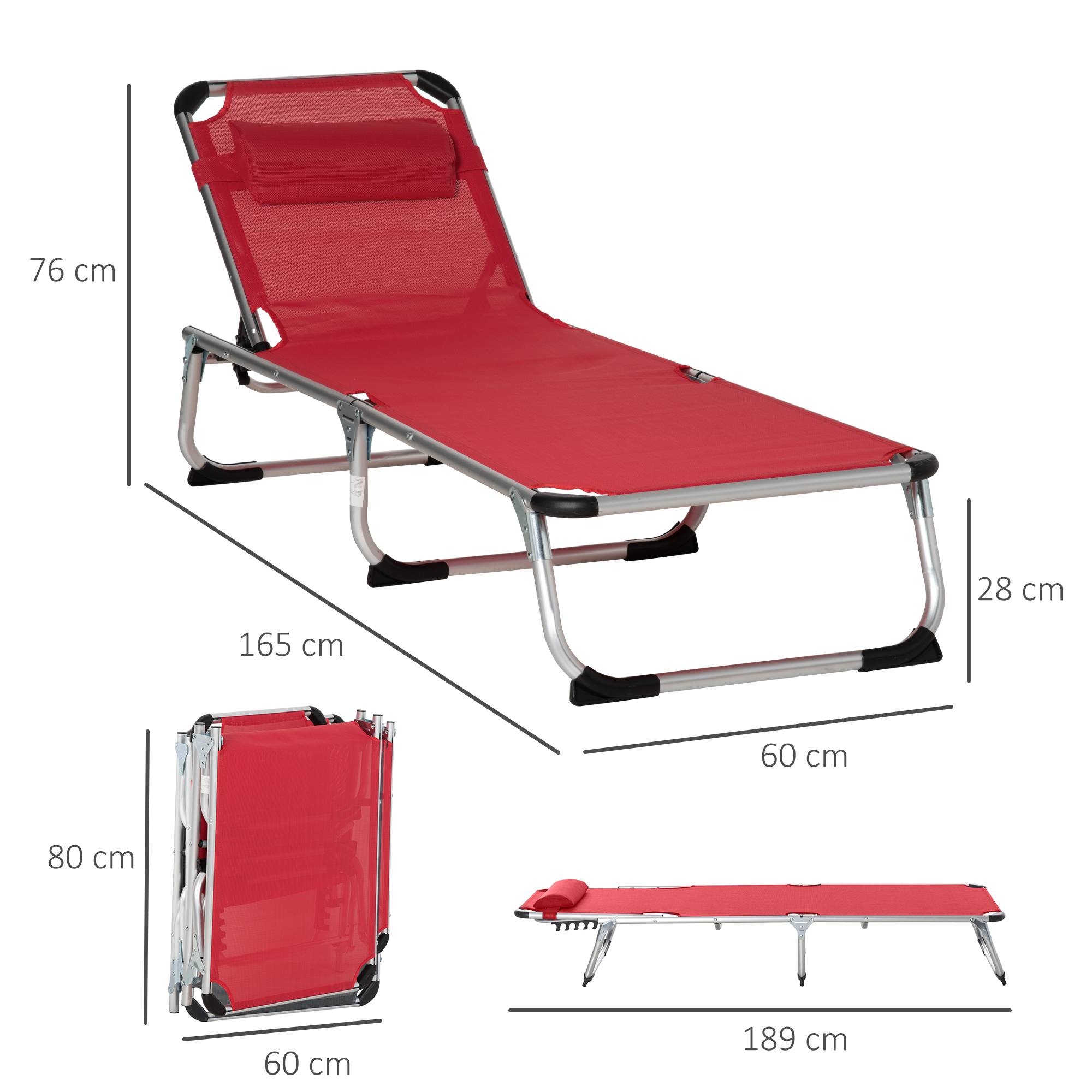 Transat pliable de jardin rouge avec appui-tête, chaise longue dossier réglable 4 positions, camping, charge 120 kg - Image 5
