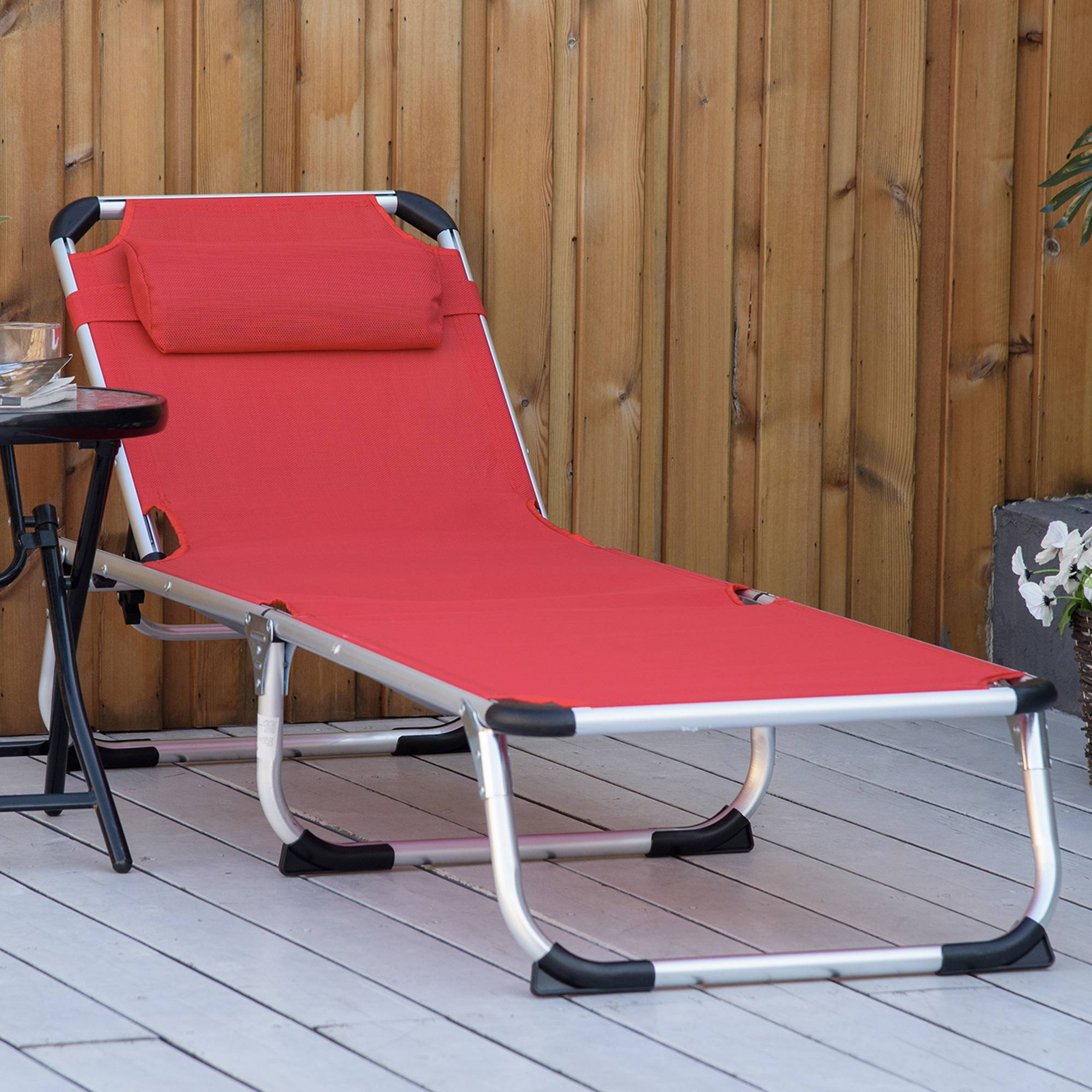 Transat pliable de jardin rouge avec appui-tête, chaise longue dossier réglable 4 positions, camping, charge 120 kg - Image 4