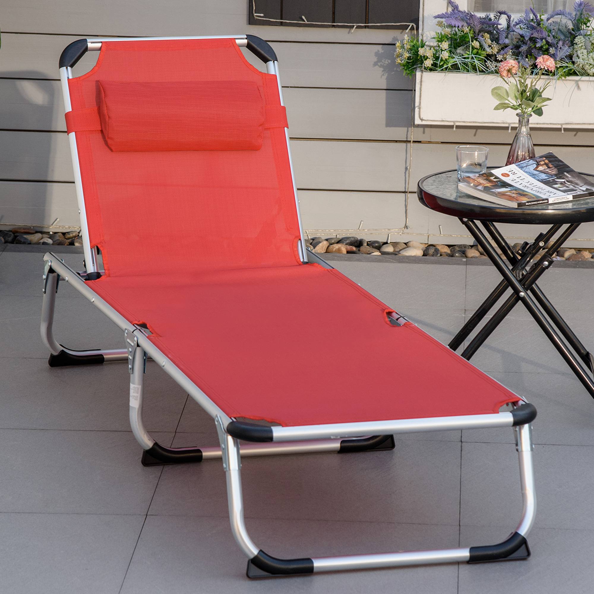 Transat pliable de jardin rouge avec appui-tête, chaise longue dossier réglable 4 positions, camping, charge 120 kg - Image 3