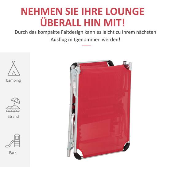 Transat pliable de jardin rouge avec appui-tête, chaise longue dossier réglable 4 positions, camping, charge 120 kg - Image 6