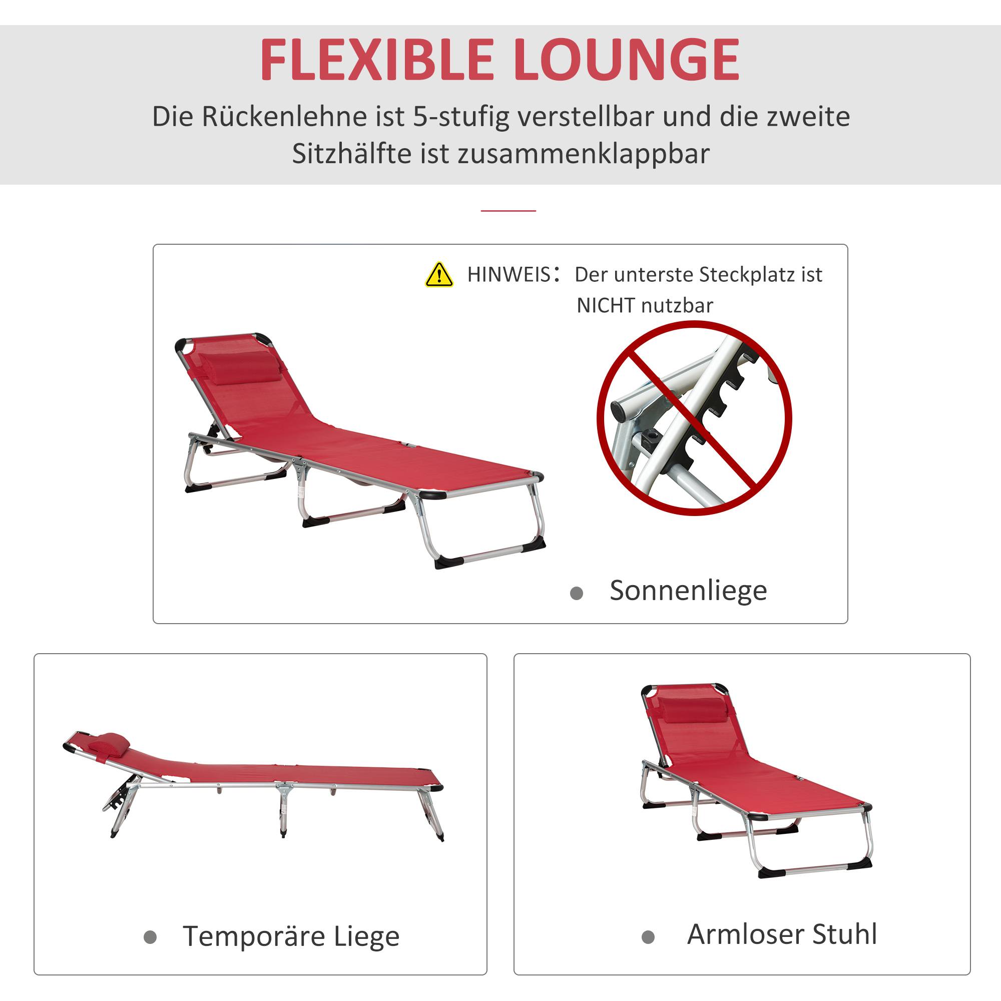 Transat pliable de jardin rouge avec appui-tête, chaise longue dossier réglable 4 positions, camping, charge 120 kg - Image 7