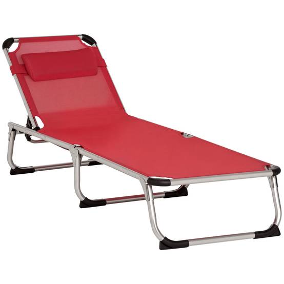 Transat pliable de jardin rouge avec appui-tête, chaise longue dossier réglable 4 positions, camping, charge 120 kg - Image 1