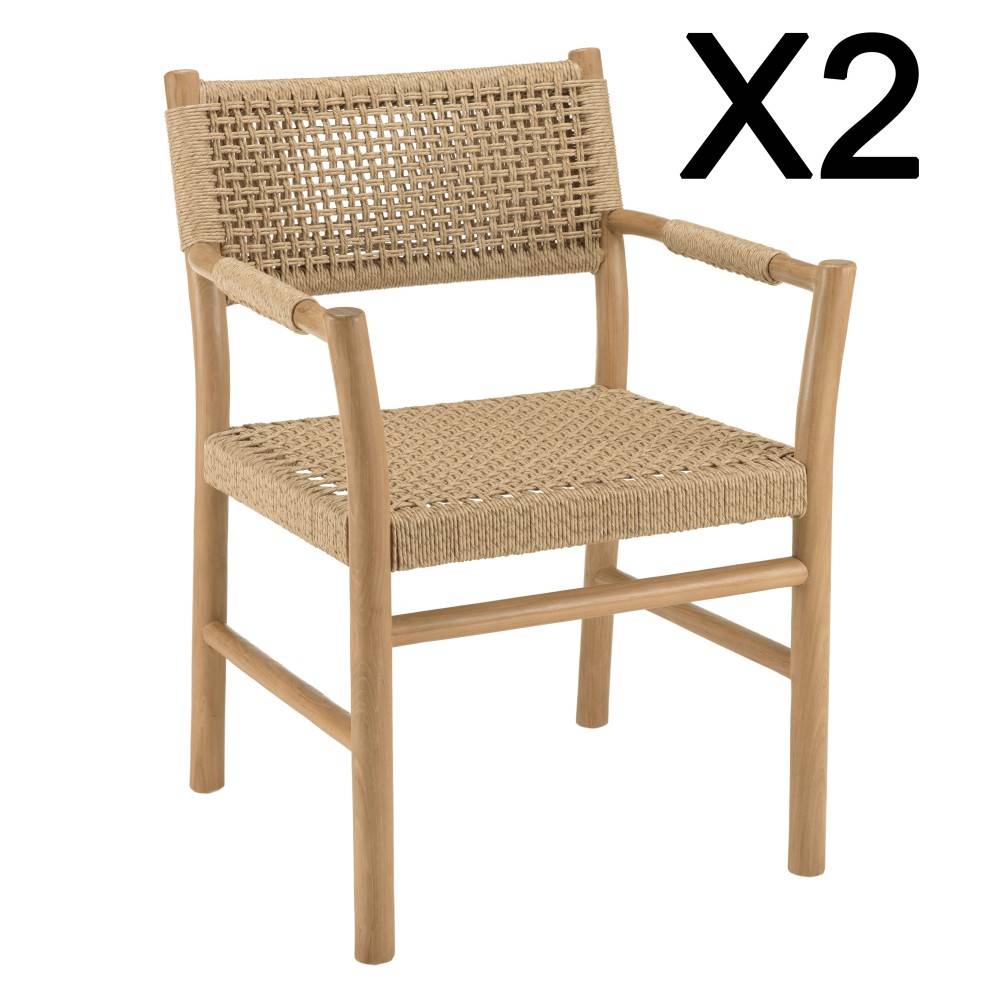 Macabane - VALERIA - Lot de 2 fauteuils jardin accoudoirs bois teck rotin beige - Image 10