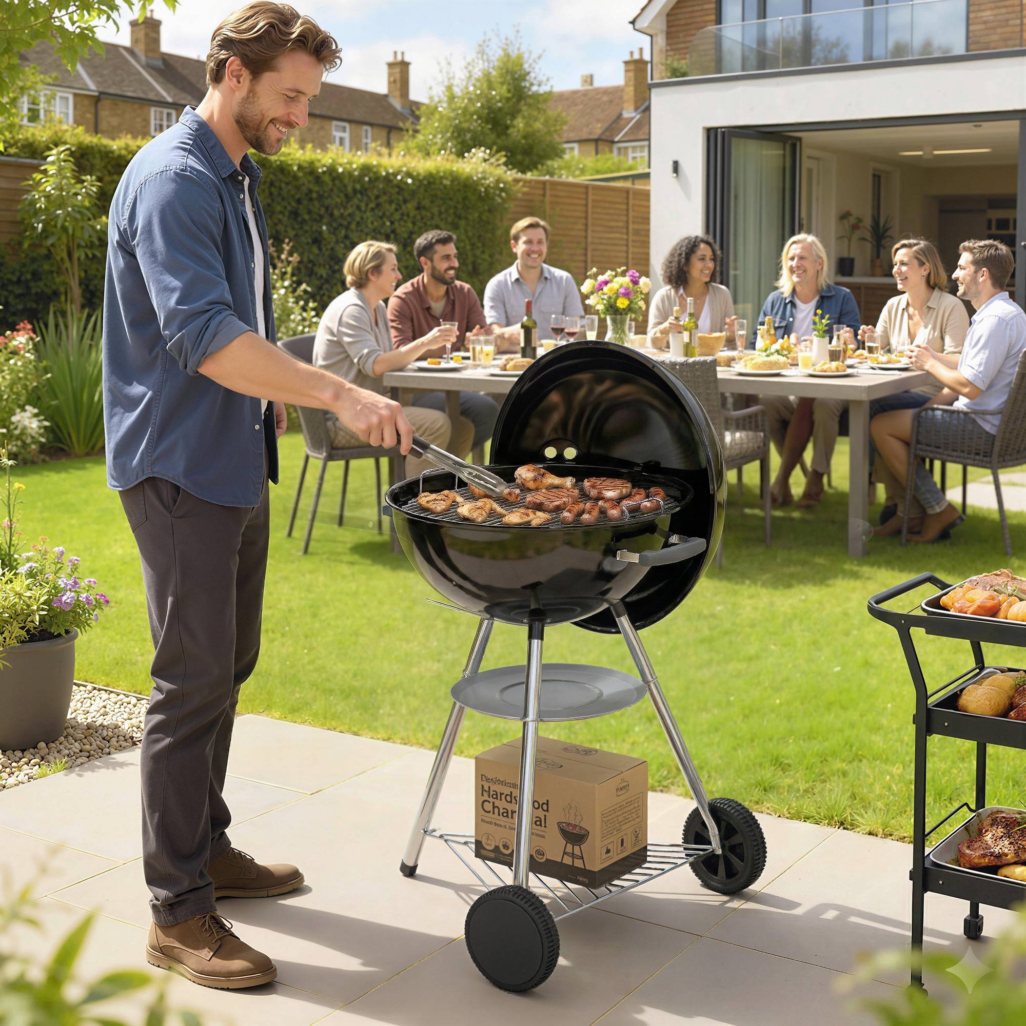 Sans Marque - Barbecue à Carbone Rotondo avec Termometro e Ripiano Inferiore, en Metallo e Acciaio Inox, 73x65x105 cm, Nero - Image 3