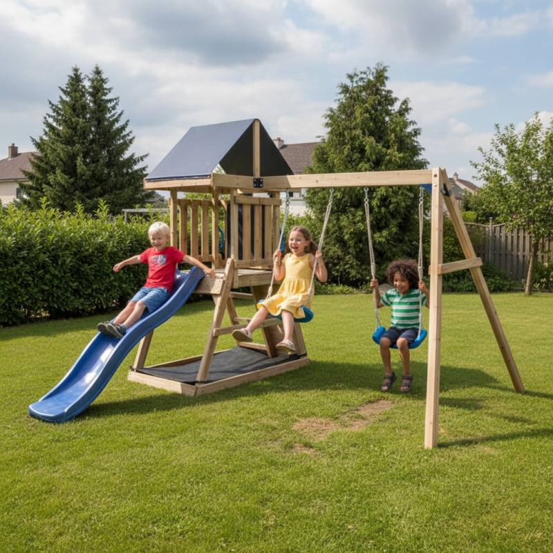 Abracadaprout - Aire de jeux extérieure bois thermo traité avec toboggan et balançoires Abracadaprout 3-10 ans - Image 1