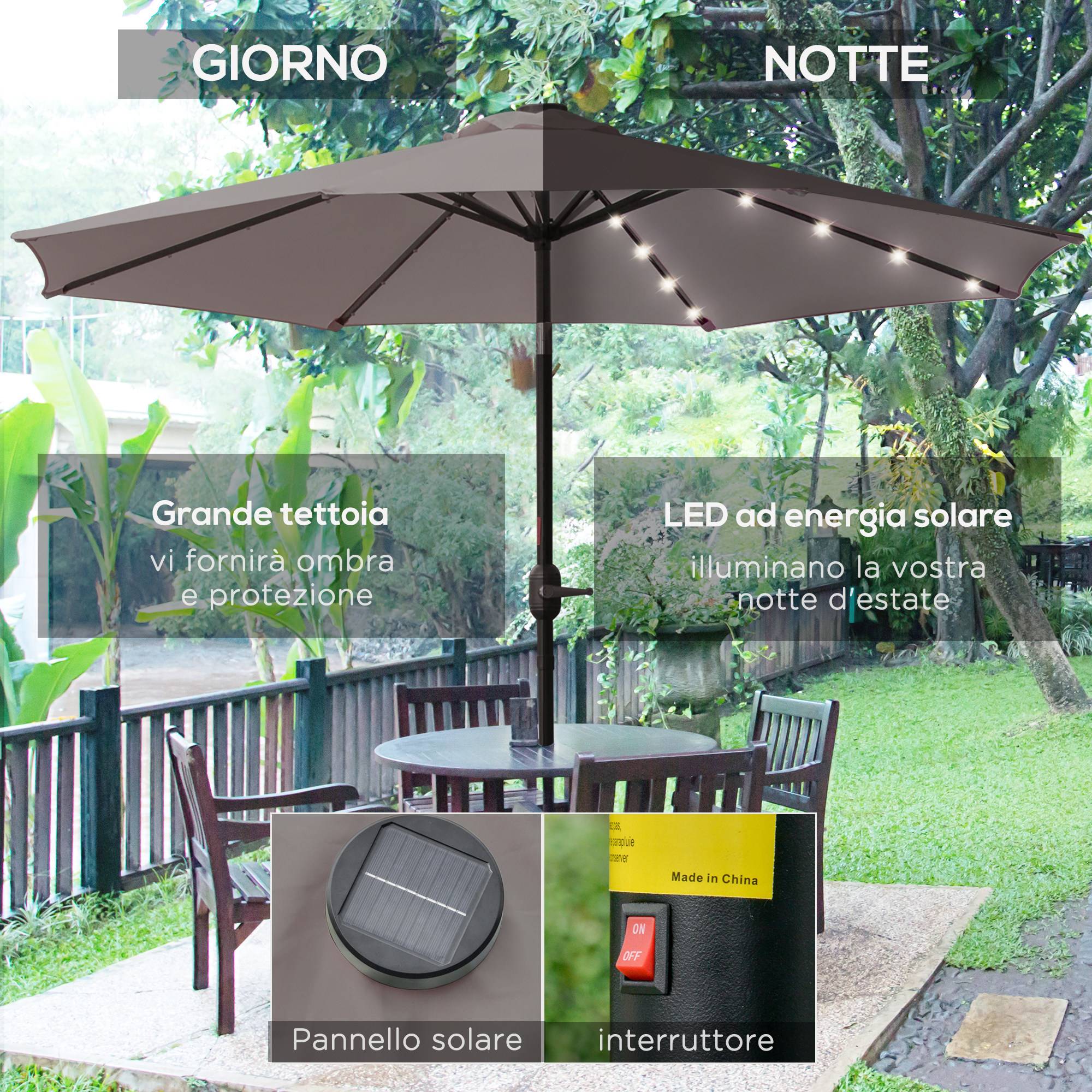 Parasol de jardin inclinable Ø265 cm avec 32 lumières solaires LED et manivelle, gris - Image 6