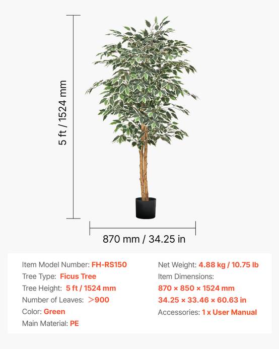 VEVOR Arbre Artificiel Plante Artificielle Faux Ficus 1,5 m Décoration Intérieur - Image 7