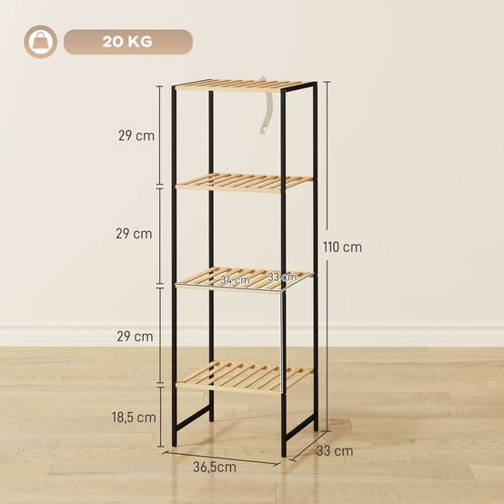 Étagère de salle de bain autoportante en bambou et acier, à 4 niveaux, 36,5 x 33 x 110 cm, couleur naturelle - Image 5