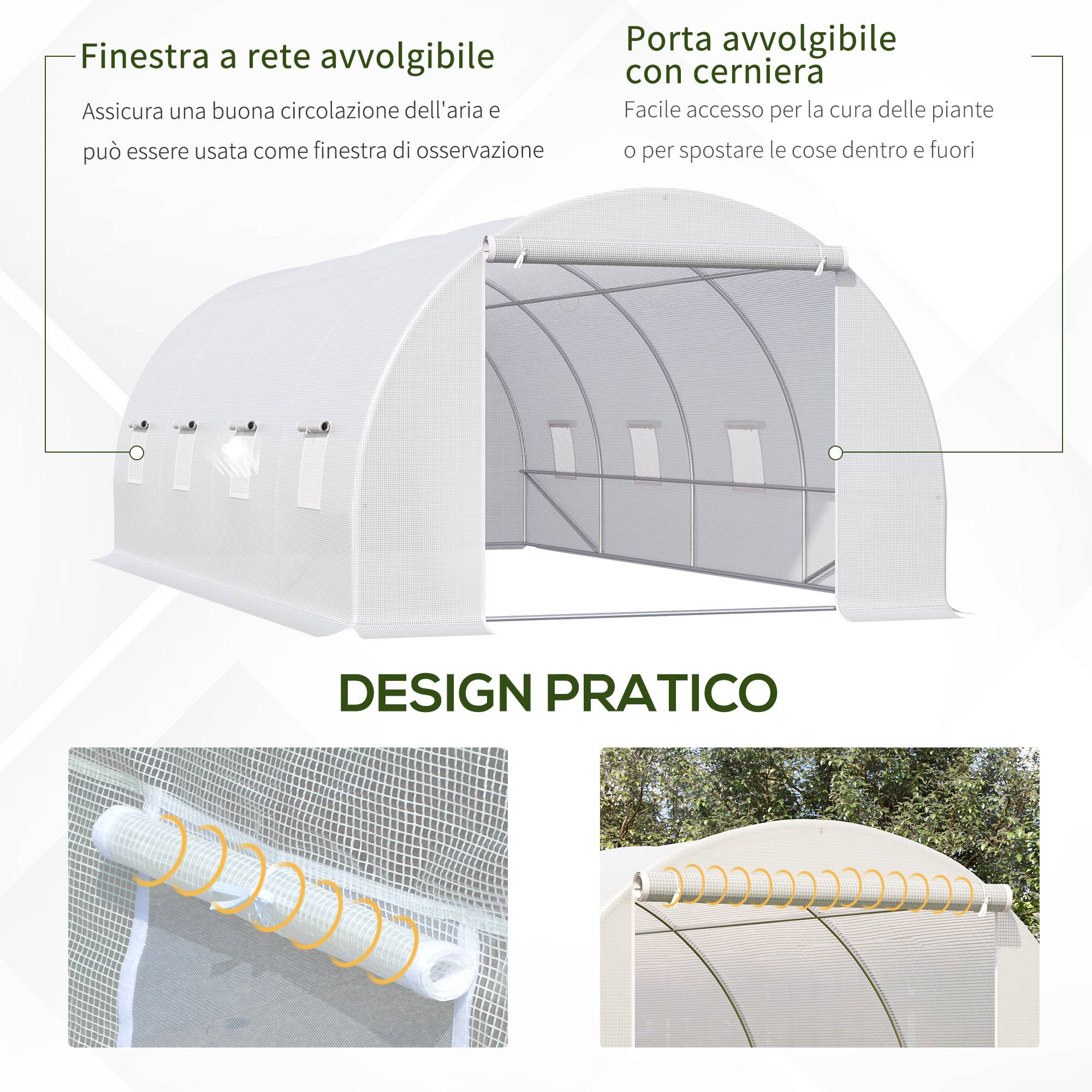 Serre tunnel de jardin pour plantes, structure métal et couverture PE, 6x3x2 m, blanche - Image 8