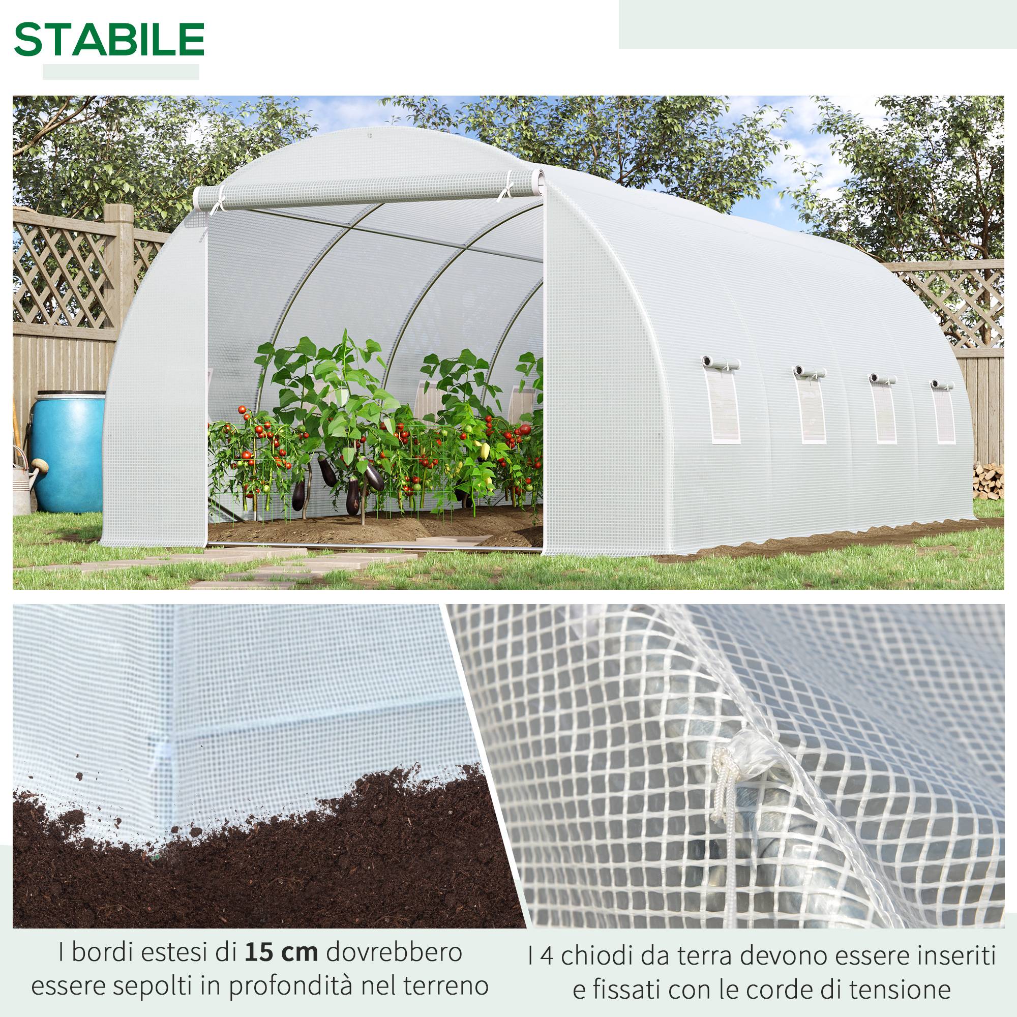Serre tunnel de jardin pour plantes, structure métal et couverture PE, 6x3x2 m, blanche - Image 7