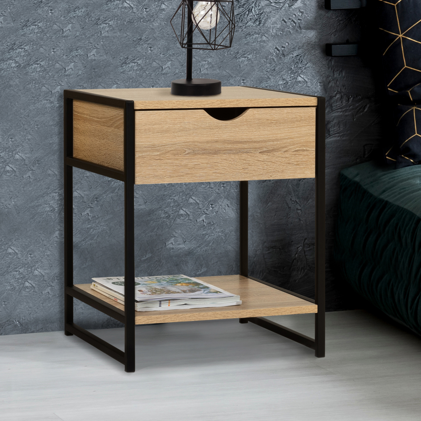 Lot de 2 tables de chevet DETROIT 1 tiroir avec tablette bois et métal noir design industriel - Image 1