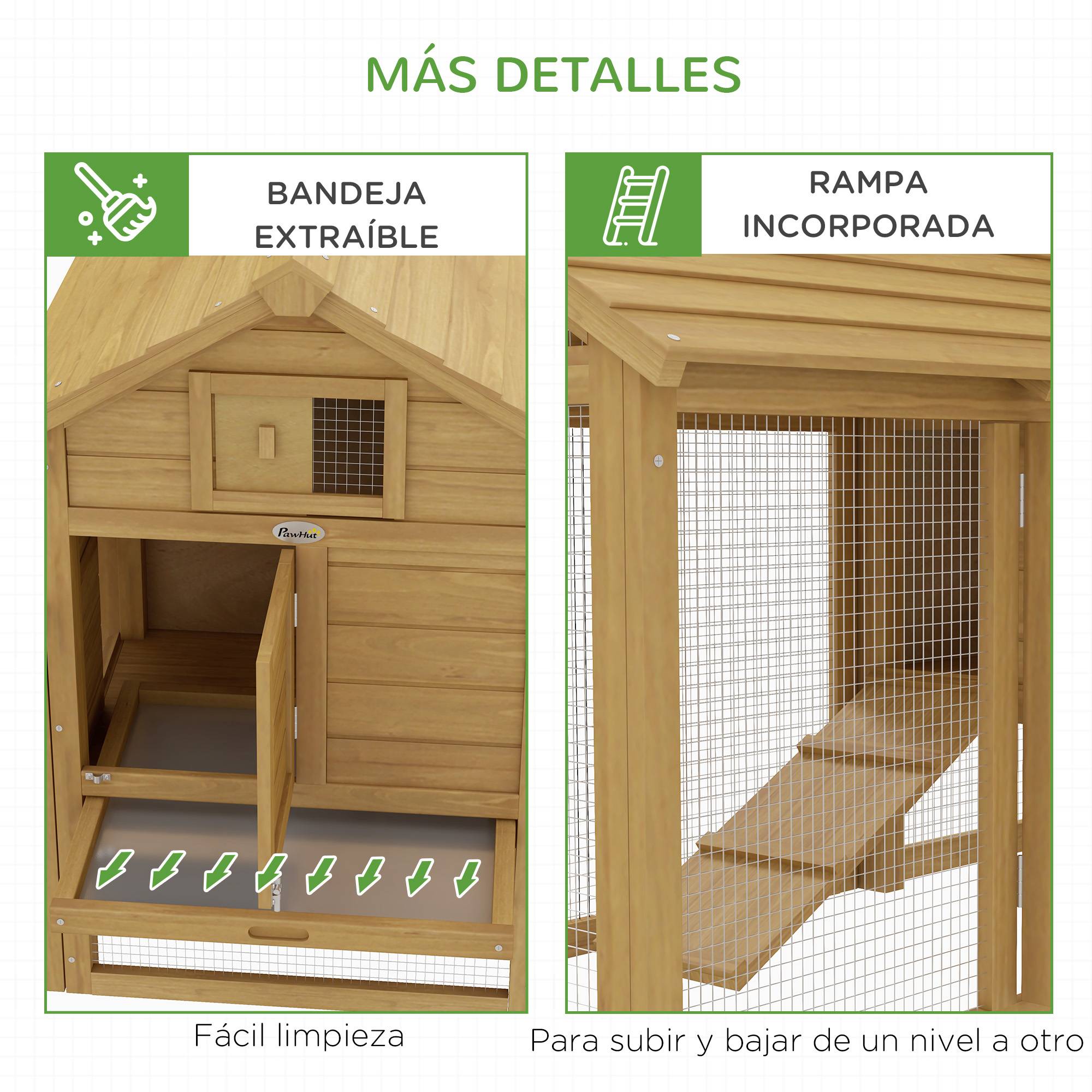 Poulailler bois extérieur pour 2-3 poules, 2 enclos grillagés, toit ouvrant, pondoir, plateau & rampe amovibles, 150,5x54x87cm, naturel - Image 9