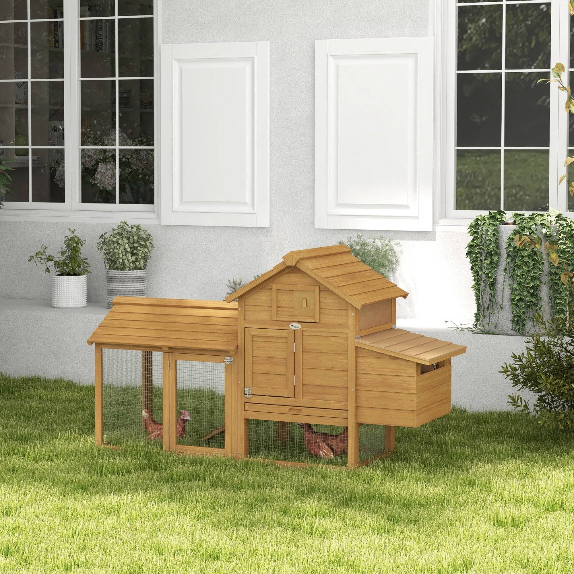 Poulailler bois extérieur pour 2-3 poules, 2 enclos grillagés, toit ouvrant, pondoir, plateau & rampe amovibles, 150,5x54x87cm, naturel - Image 4