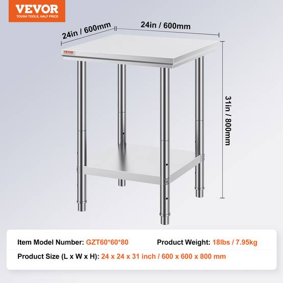 Vevor - VEVOR Table de travail cuisine inox 60x60x80cm à 2 étages, pour préparation repas, hôtels, hôpitaux. - Image 7