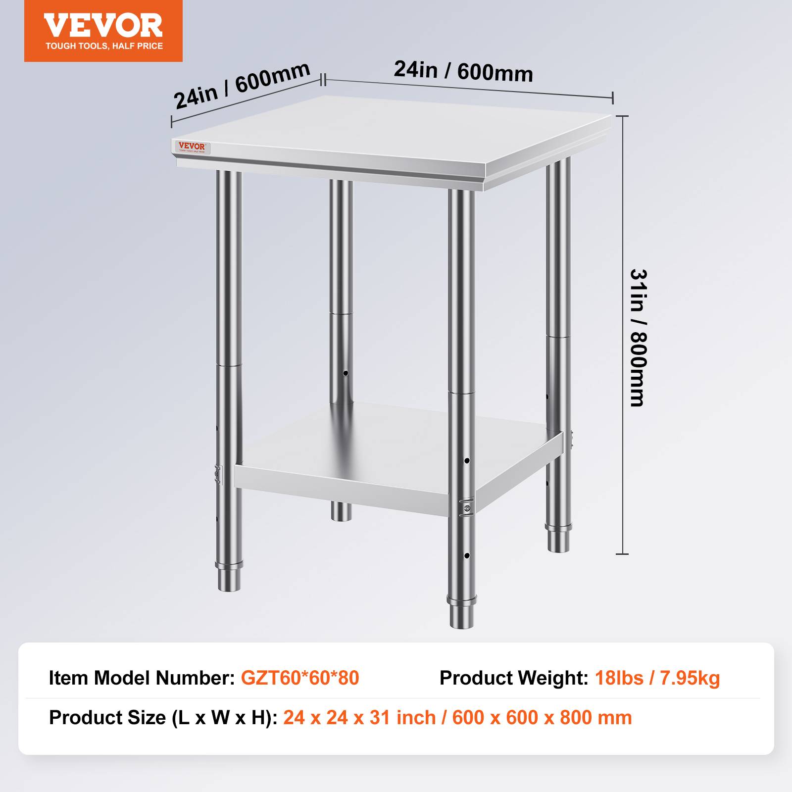 Vevor - VEVOR Table de travail cuisine inox 60x60x80cm à 2 étages, pour préparation repas, hôtels, hôpitaux. - Image 7