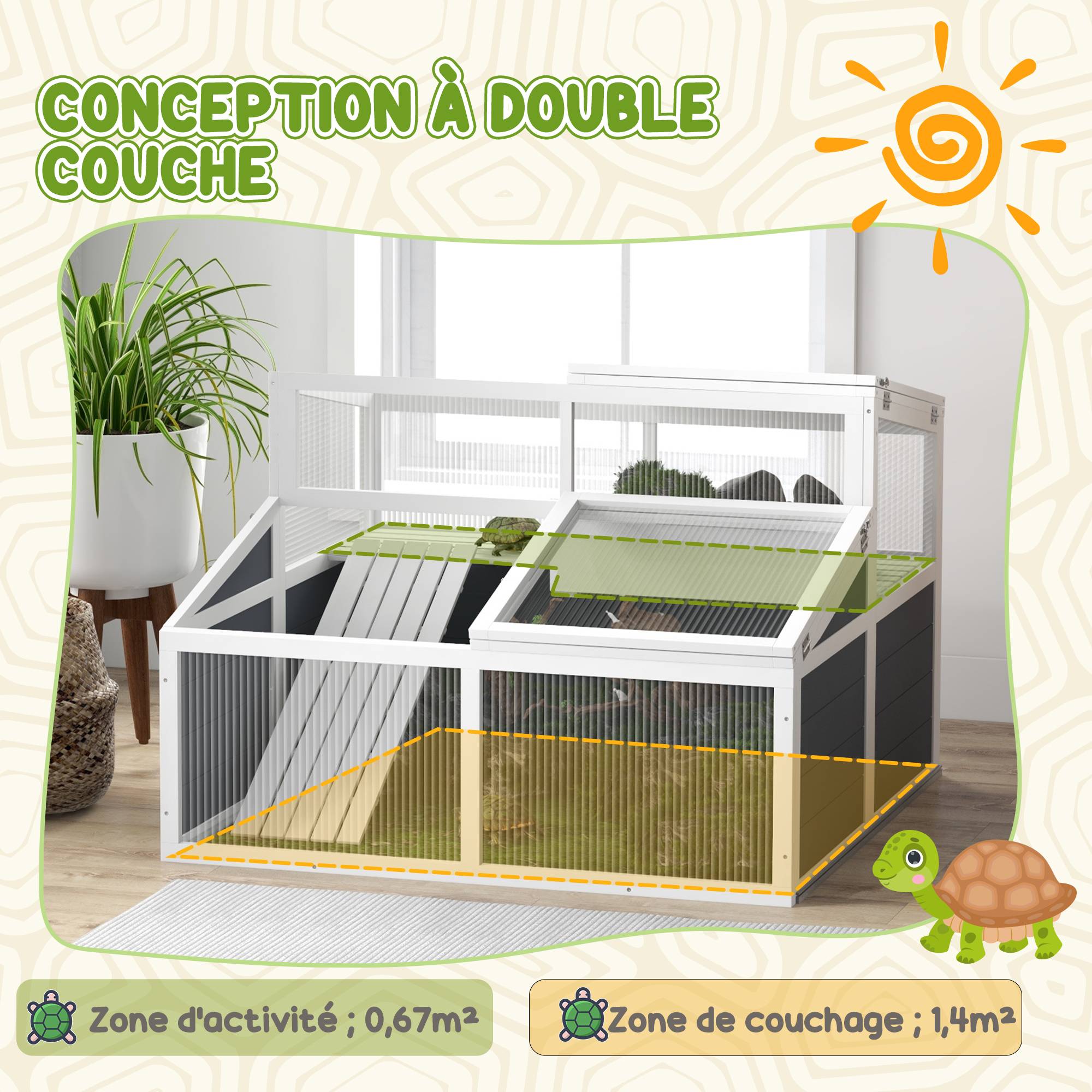 Maison enclos cage pour petit animal tortue avec 2 espaces toit en polycarbonate 3 portes rampe 115 x 115 x 82 cm gris - Image 6