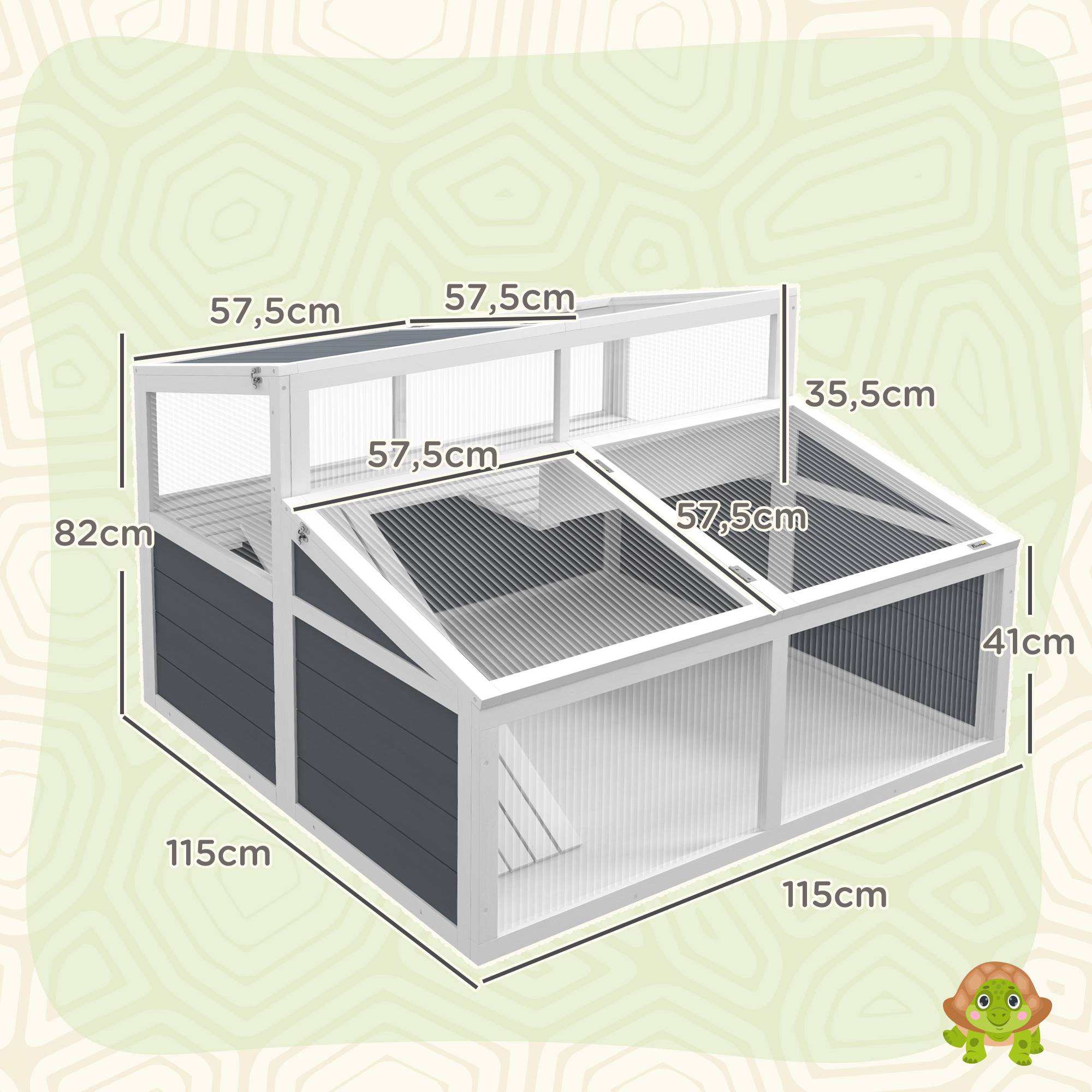 Maison enclos cage pour petit animal tortue avec 2 espaces toit en polycarbonate 3 portes rampe 115 x 115 x 82 cm gris - Image 5