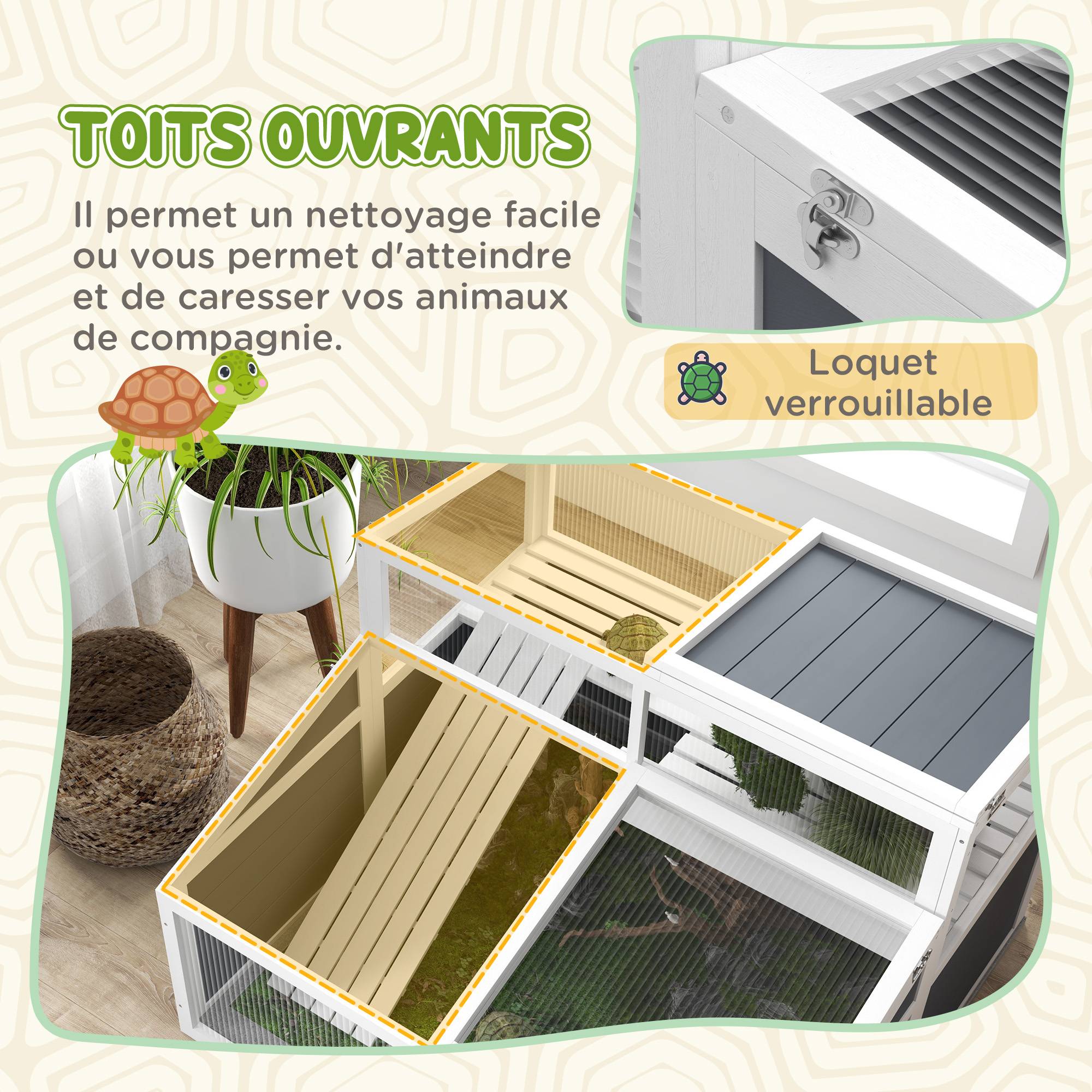 Maison enclos cage pour petit animal tortue avec 2 espaces toit en polycarbonate 3 portes rampe 115 x 115 x 82 cm gris - Image 7