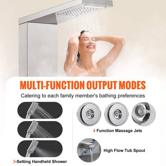 VEVOR Système panneau de douche 6 modes, LED, pluie, cascade, 4 jets, pomme à main avec tuyau. - Image 3