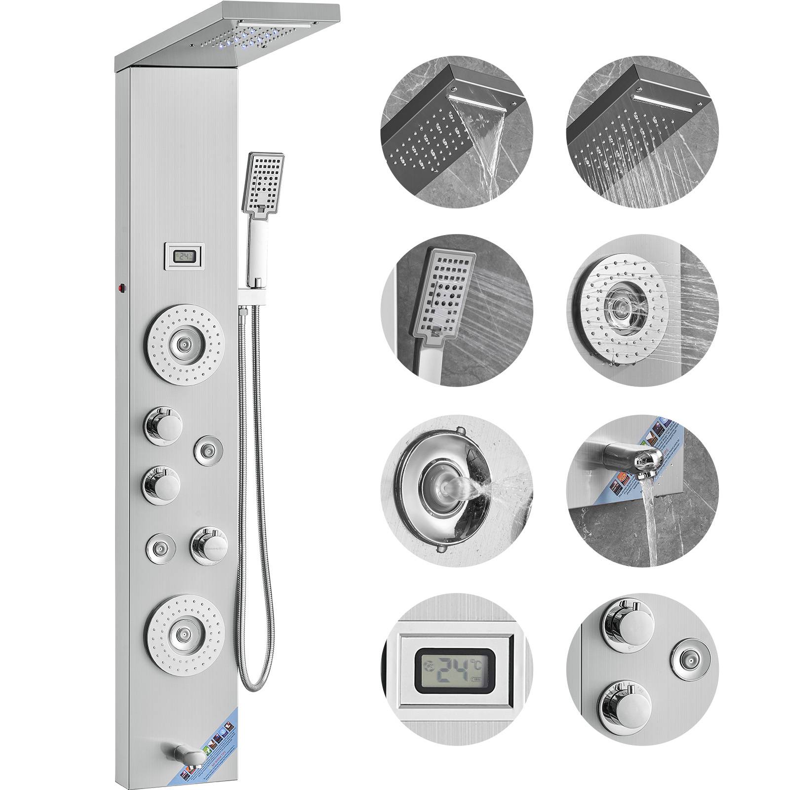 VEVOR Système panneau de douche 6 modes, LED, pluie, cascade, 4 jets, pomme à main avec tuyau. - Image 1