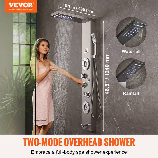 VEVOR Système panneau de douche 6 modes, LED, pluie, cascade, 4 jets, pomme à main avec tuyau. - Image 2