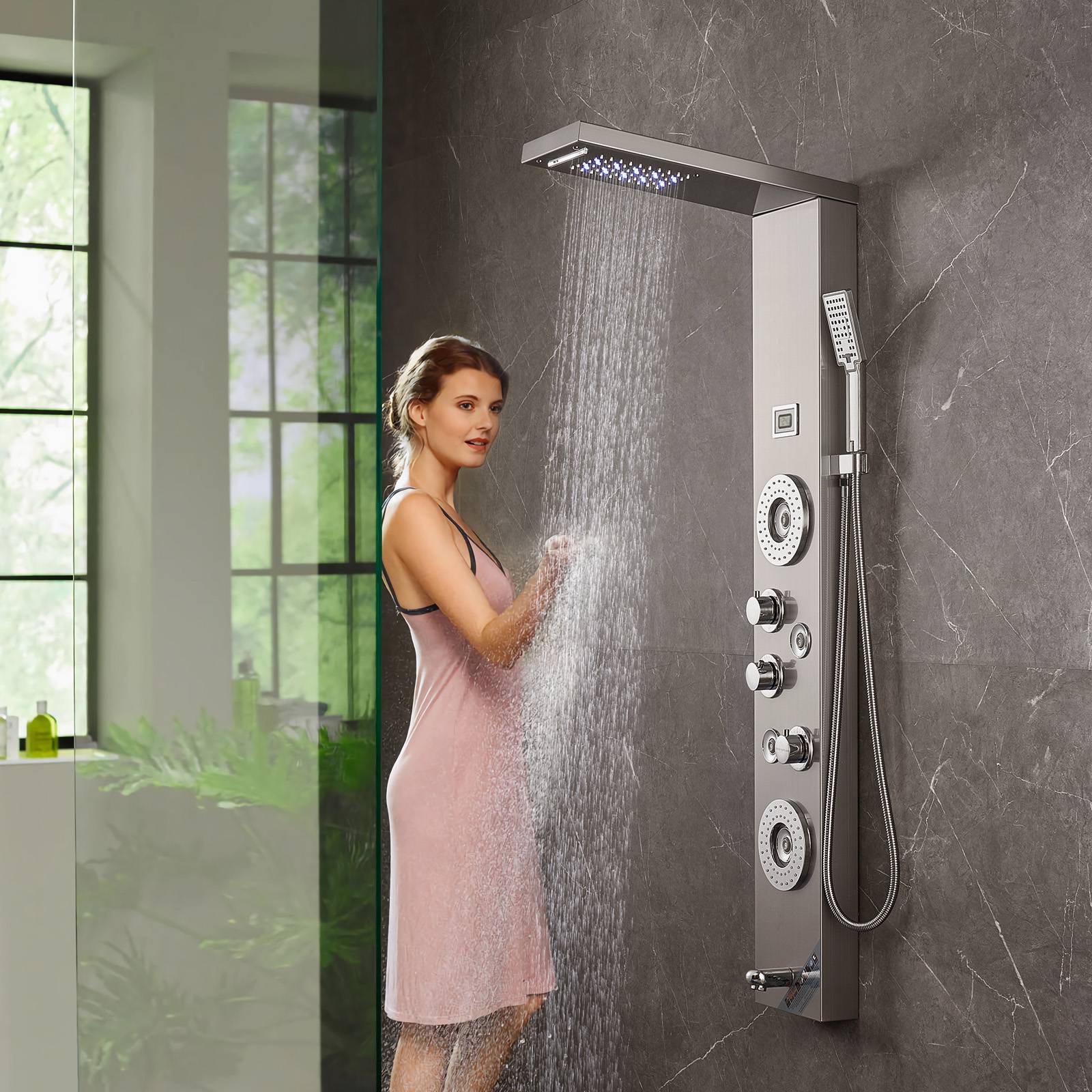 VEVOR Système panneau de douche 6 modes, LED, pluie, cascade, 4 jets, pomme à main avec tuyau. - Image 8