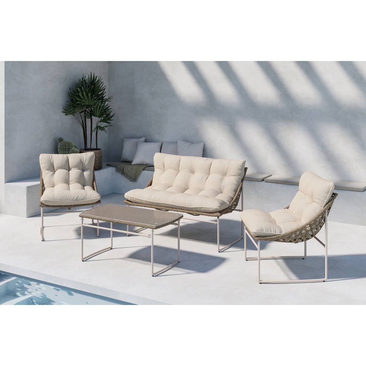 Salon de Jardin en Rotin 4 Places "Tina" 118cm Beige - Image 7