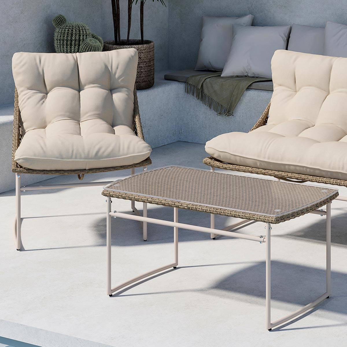 Salon de Jardin en Rotin 4 Places "Tina" 118cm Beige - Image 6