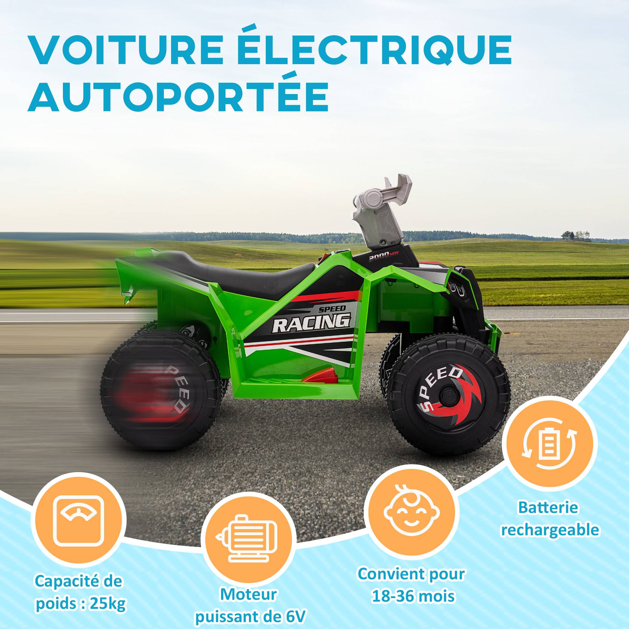 Quad électrique pour enfants véhicule à batterie 6V avec marche avant et arrière 70L x 41,5l x 48,5H cm Vert - Image 8