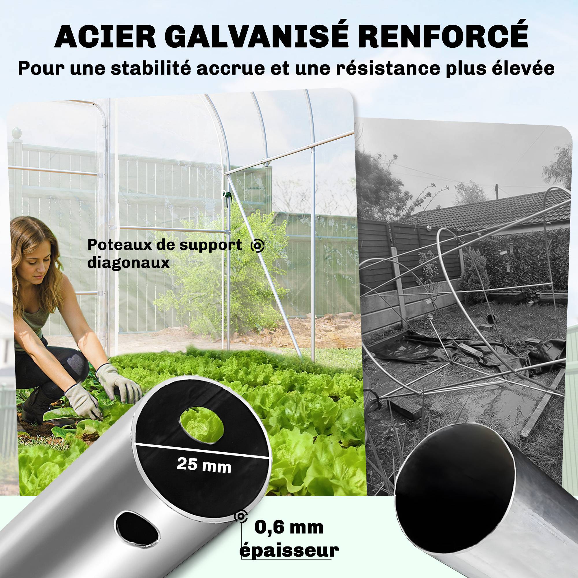 Serre Tunnel de Jardin 12 m², Film PO Anti-Goutte, Acier Galvanisé Ø25 mm, 2 Portes Battantes - Image 5