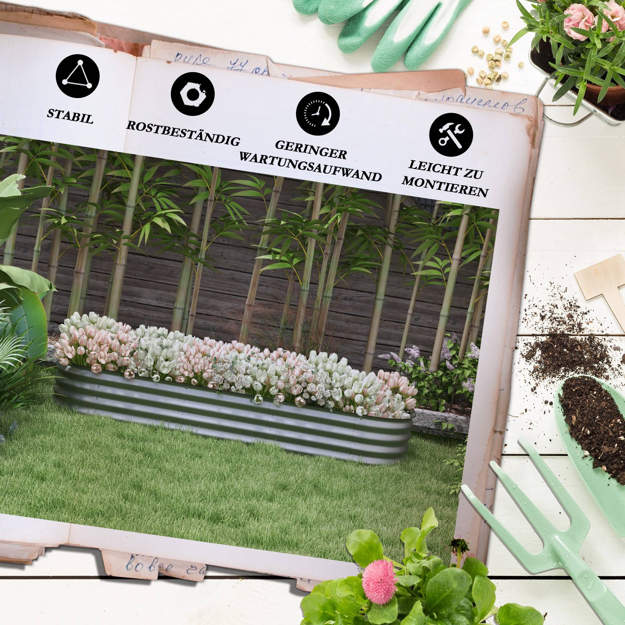 ComfortXL - Grand carré potager modulable Métal Galvanisé Jardin Fond Ouvert 195x62x30cm Argent - ComfortXL Outdoor Living - Image 9