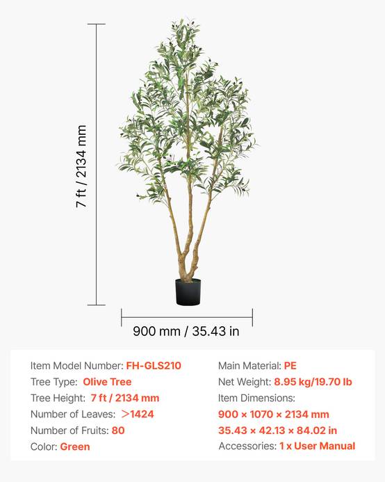 VEVOR Arbre Artificiel Plante Artificielle Faux Olivier 2,1 m Déco d'Intérieur - Image 7