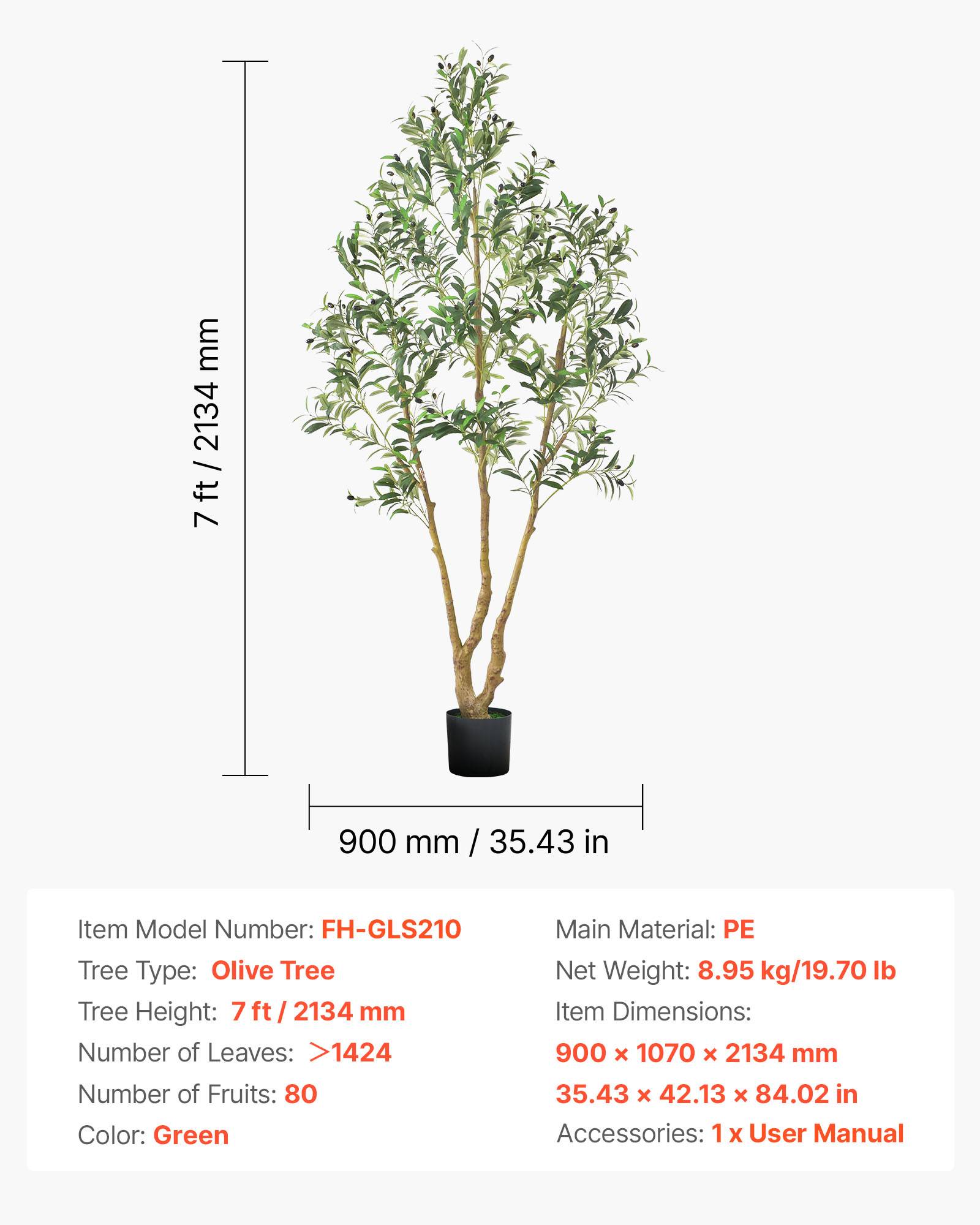 VEVOR Arbre Artificiel Plante Artificielle Faux Olivier 2,1 m Déco d'Intérieur - Image 7