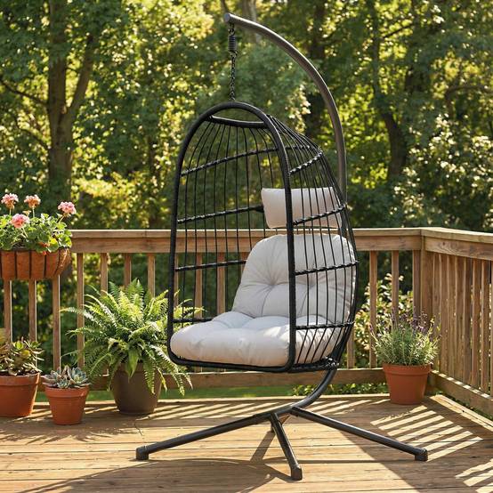 ComfortXL - Fauteuil Suspendu Œuf Résine Tressée Métal Jardin Balcon Balancelle 105x101x196cm Gris Clair - ComfortXL Outdoor Living - Image 4