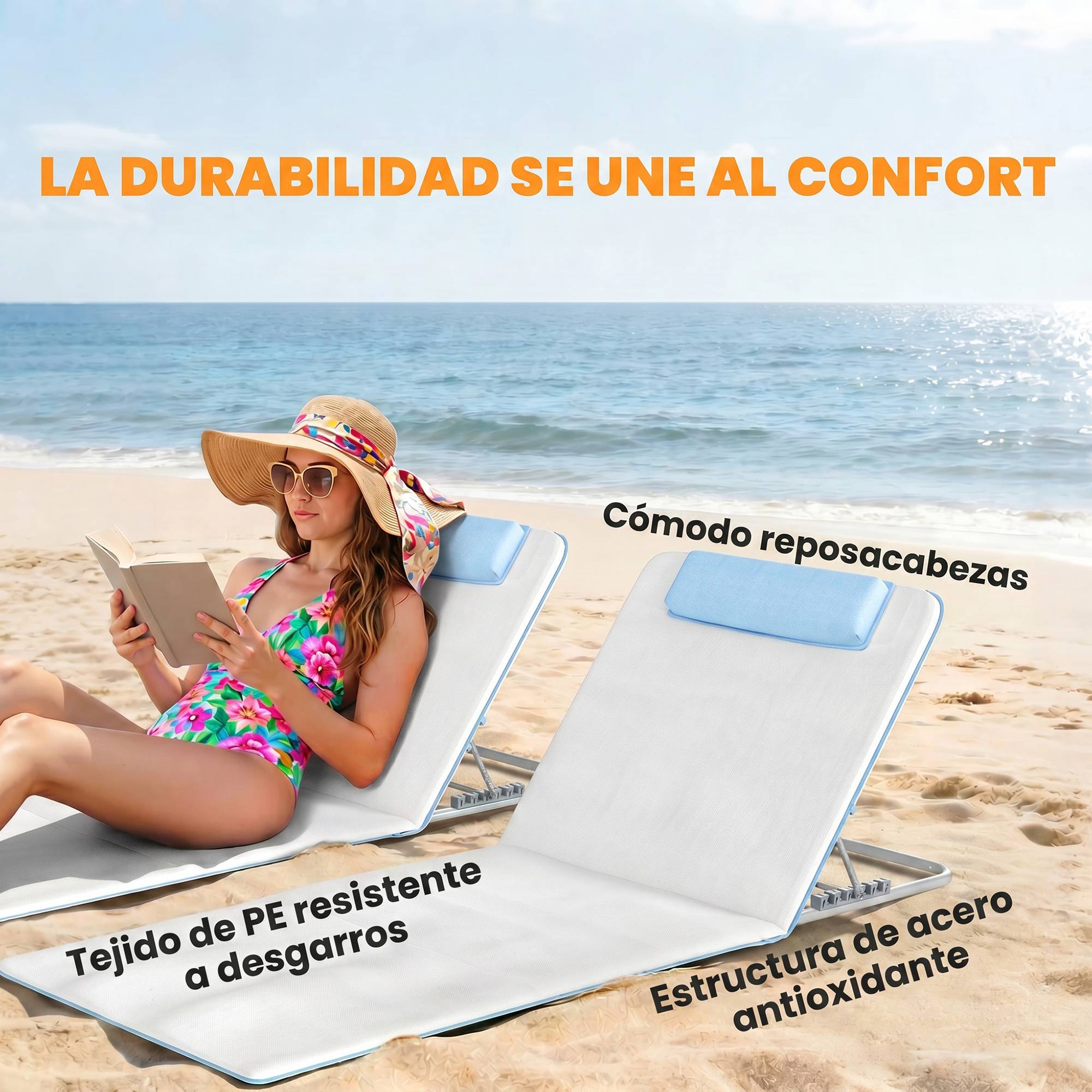 Ensemble de 2 matelas avec dossier inclinable 5 positions, appui-tête et sac de transport 134 x 48 x 33-43 cm Beige - Image 8