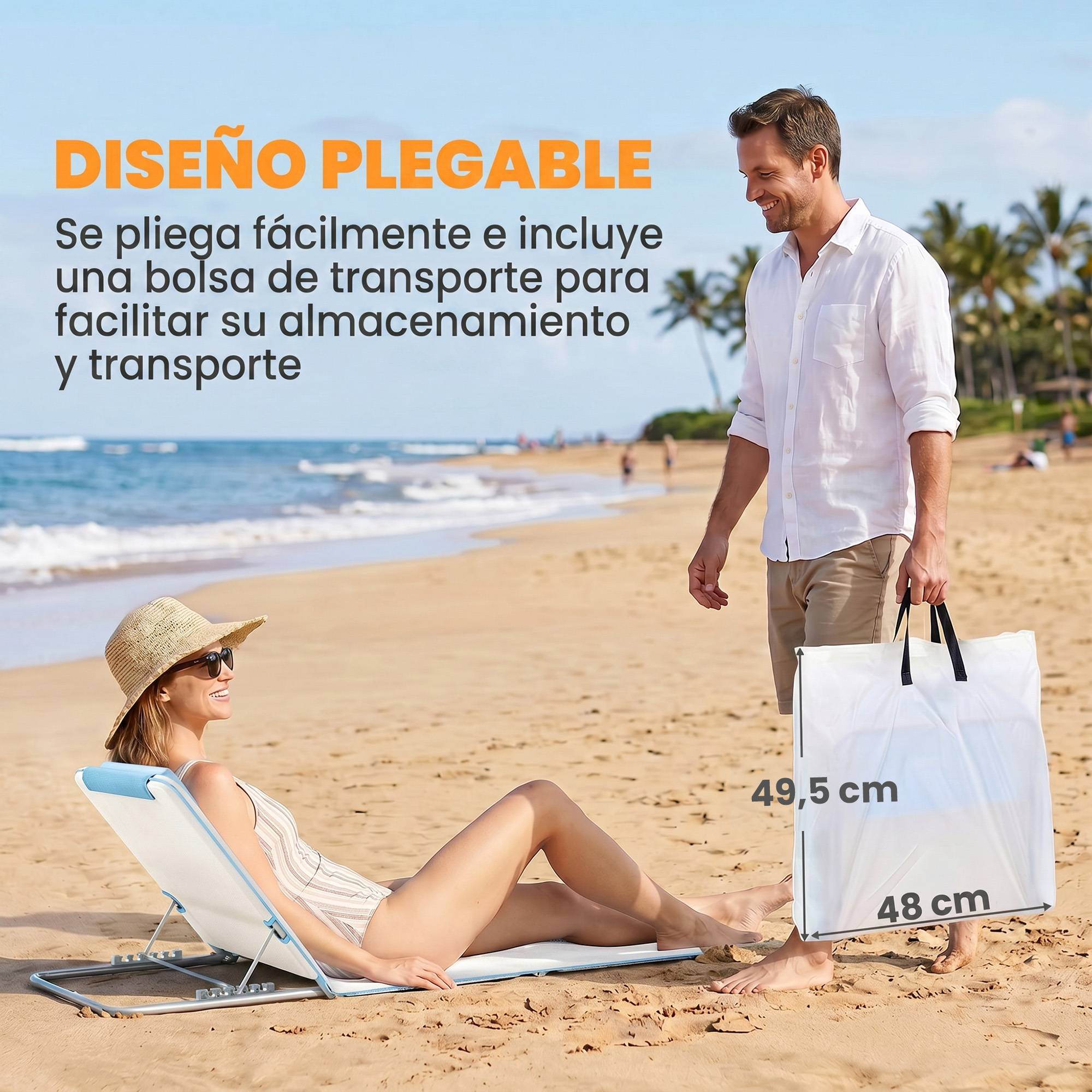 Ensemble de 2 matelas avec dossier inclinable 5 positions, appui-tête et sac de transport 134 x 48 x 33-43 cm Beige - Image 9