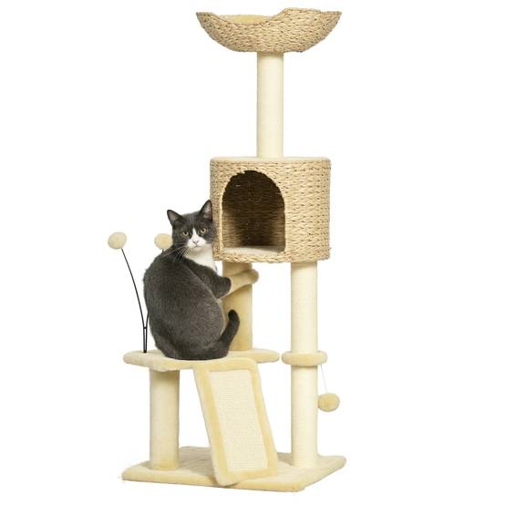 Arbre à chat bois peluche chats jeu griffes repos 45x40x116cm beige - ComfortXL Outdoor Living - Image 1