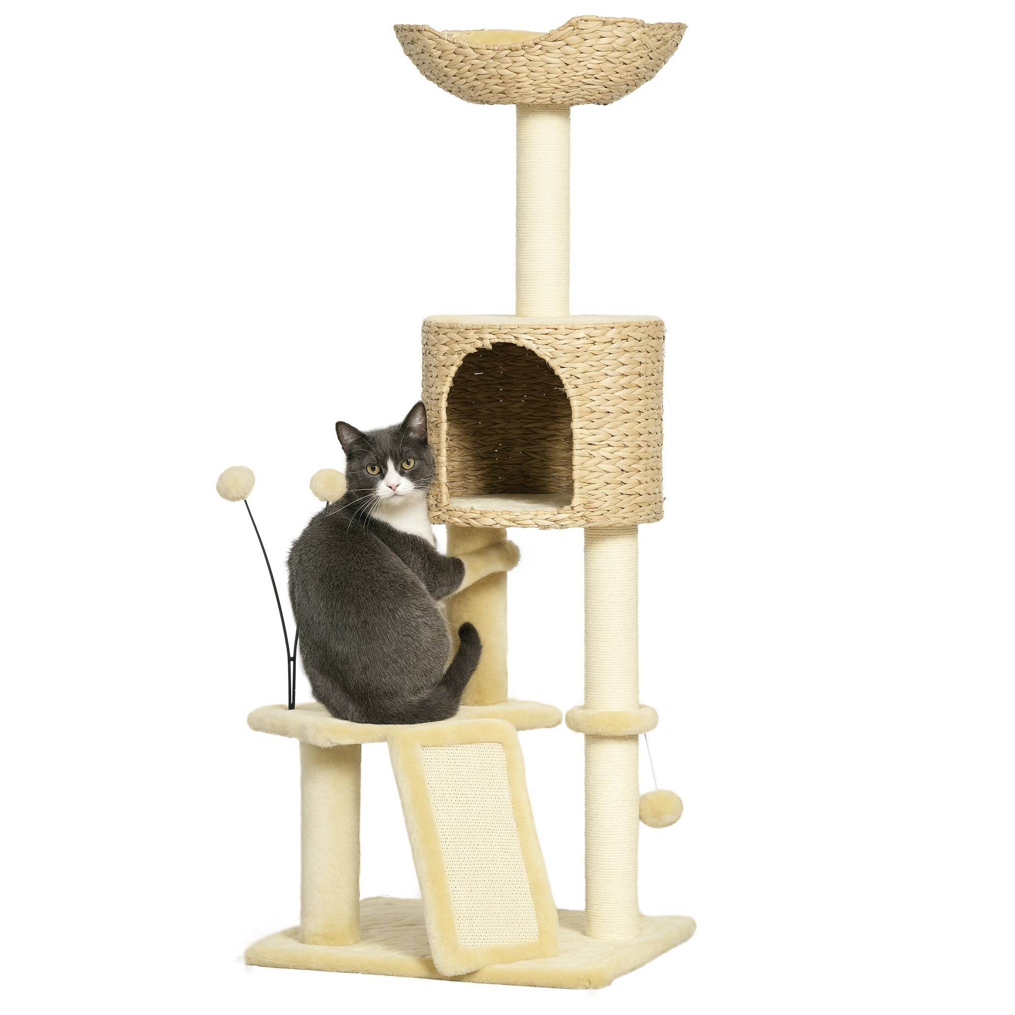 Arbre à chat bois peluche chats jeu griffes repos 45x40x116cm beige - ComfortXL Outdoor Living - Image 1
