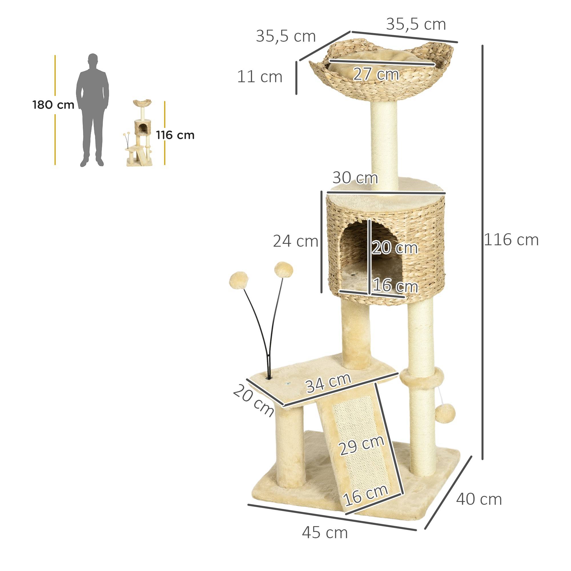 Arbre à chat bois peluche chats jeu griffes repos 45x40x116cm beige - ComfortXL Outdoor Living - Image 5
