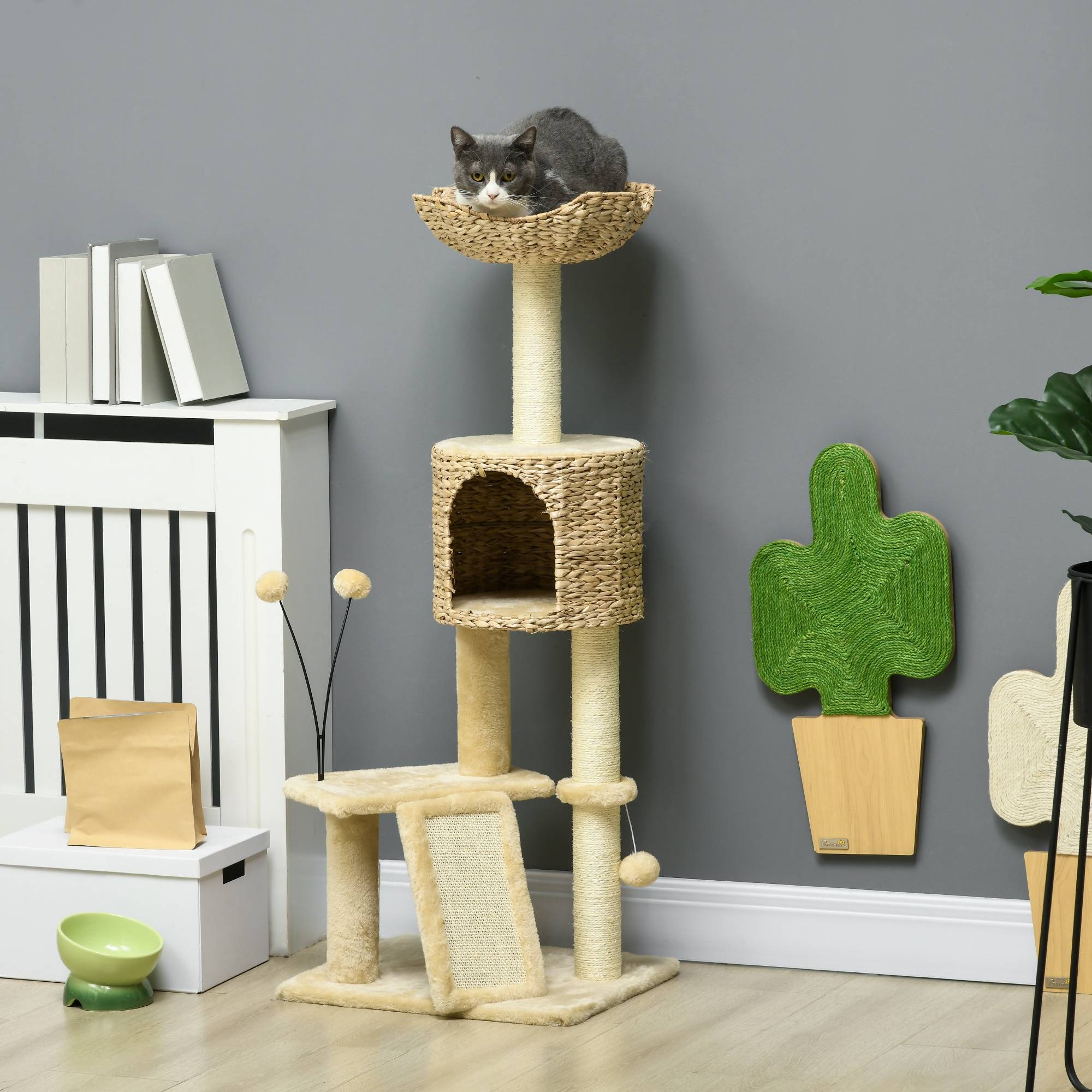 Arbre à chat bois peluche chats jeu griffes repos 45x40x116cm beige - ComfortXL Outdoor Living - Image 3