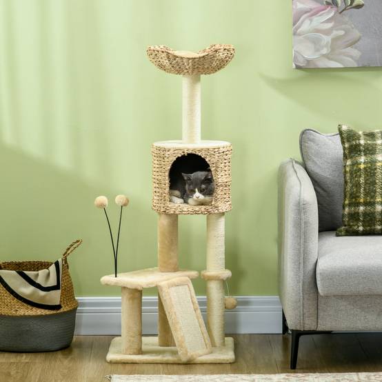 Arbre à chat bois peluche chats jeu griffes repos 45x40x116cm beige - ComfortXL Outdoor Living - Image 4